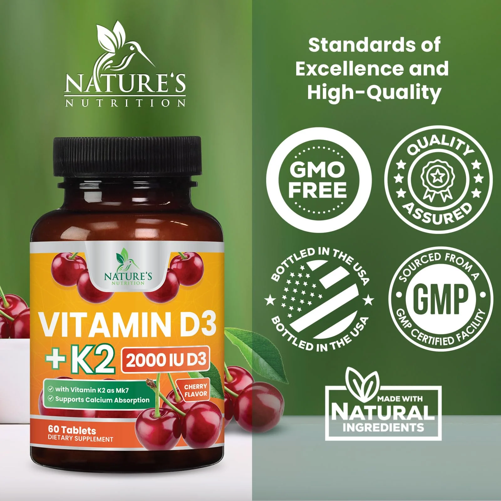 Vitamin D3 2000 IU 50mcg Per Serving - Vitamins D & K2 (MK7) Complex Supplement for Bone, Teeth, Muscle, Calcium Absorption, Supports Immune & Heart Health, Chewable Formula USA Bottled - 60 Tablets - Image 7