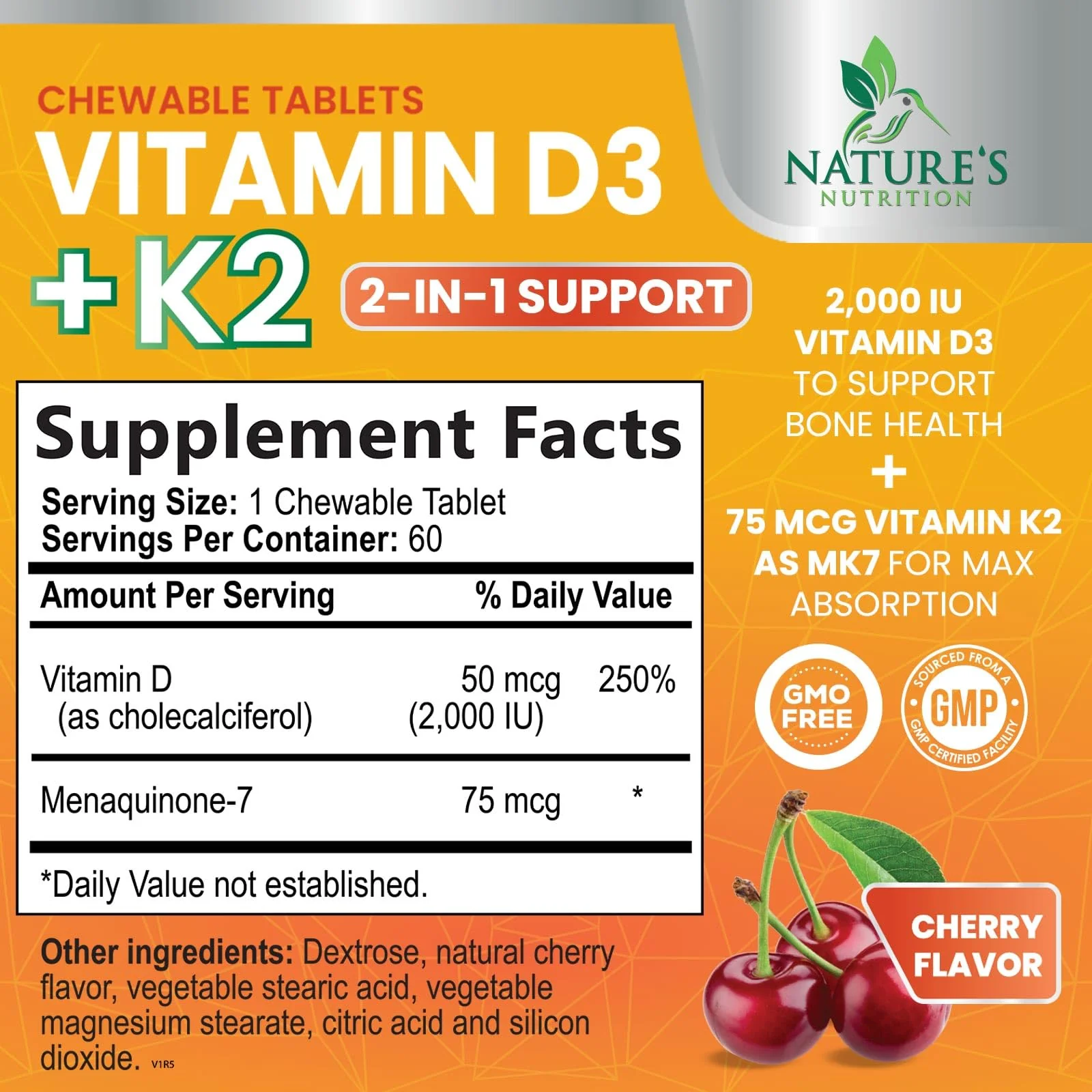 Vitamin D3 2000 IU 50mcg Per Serving - Vitamins D & K2 (MK7) Complex Supplement for Bone, Teeth, Muscle, Calcium Absorption, Supports Immune & Heart Health, Chewable Formula USA Bottled - 60 Tablets - Image 9