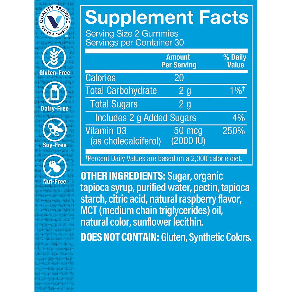 Vitamin D3 Gummies a" Supports Immune & Bone Health a" 2,000 IU - Raspberry (60 Gummies) - Image 4