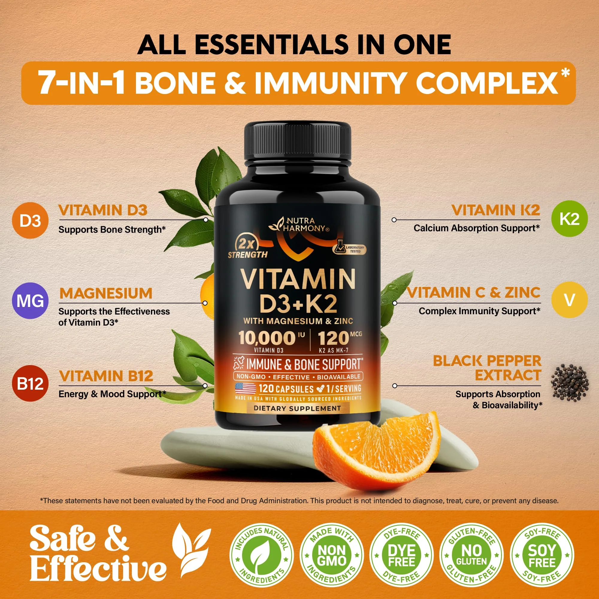 Vitamin D3 K2 - Vitamin D3 10000 iu & K2 as MK-7 120 mcg - Immune & Mood Support, for Bone & Teeth Health - with Magnesium, Zinc & Vitamin C & B12 - Highly Bioavailable - Made in USA, 120 Capsules - Image 6