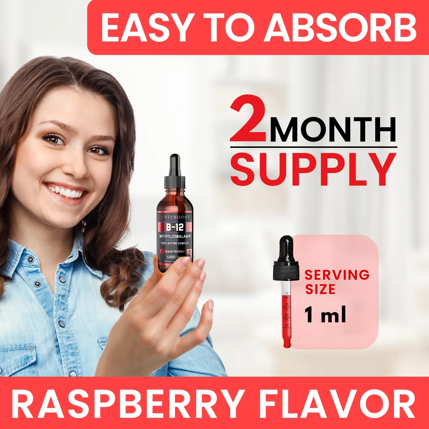VITBOOST Vegan Liquid B-12 Drops – 60 x 5000 mcg Extra Strength Raspberry Flavored Vitamin B12 Liquid Methylcobalamin sublingual Supplement | Designed to Maximize Absorption & Energy | Gluten Free - Image 6