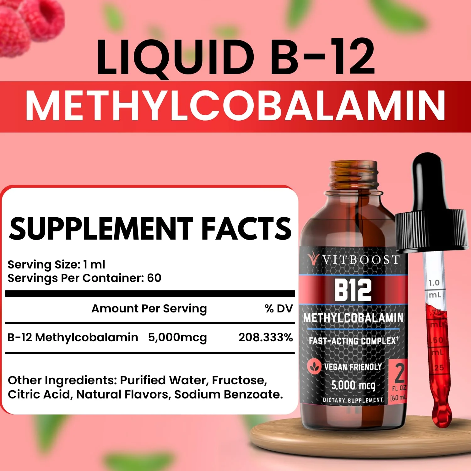 VITBOOST Vegan Liquid B-12 Drops – 60 x 5000 mcg Extra Strength Raspberry Flavored Vitamin B12 Liquid Methylcobalamin sublingual Supplement | Designed to Maximize Absorption & Energy | Gluten Free - Image 9