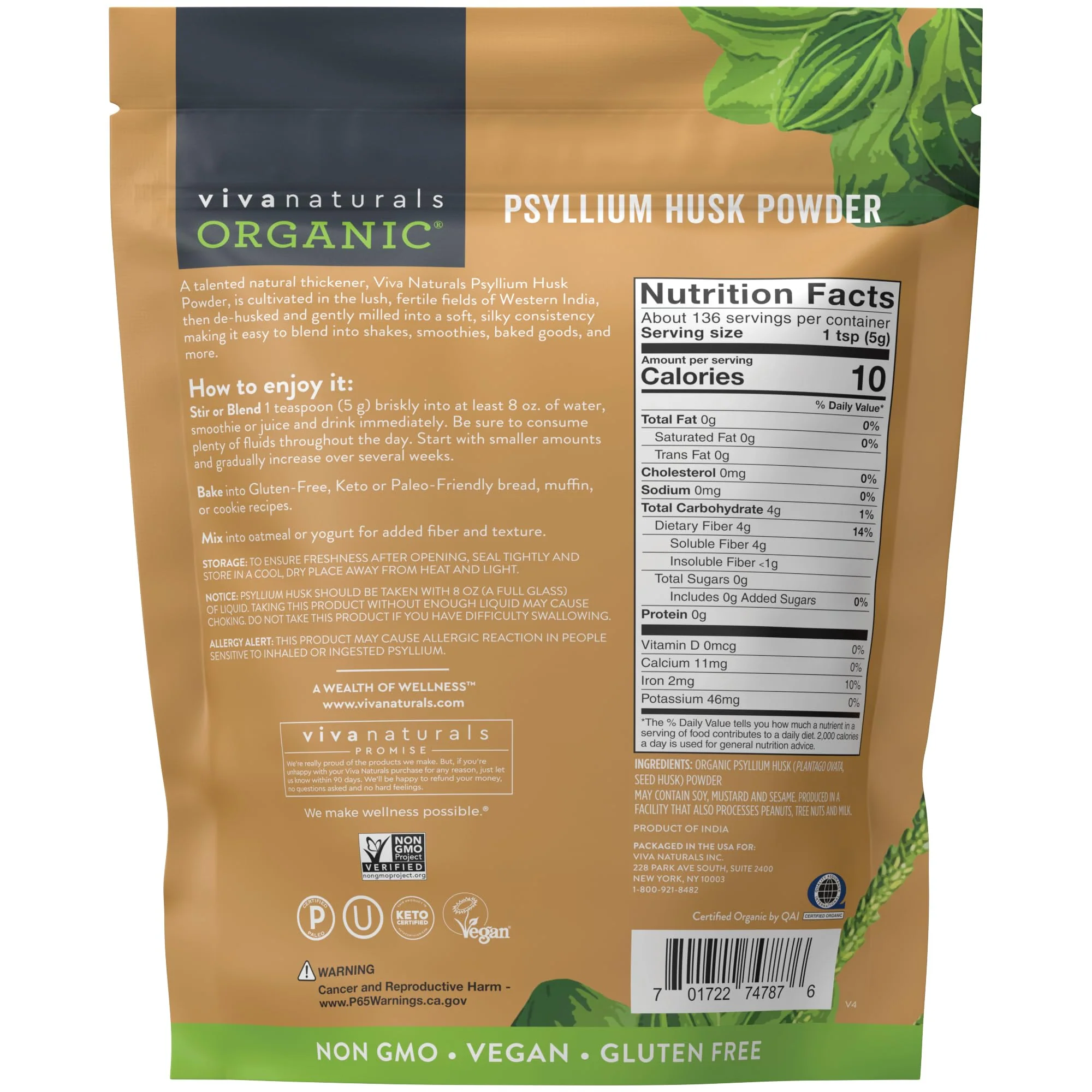 Viva Naturals Organic Psyllium Husk Powder, 24 oz – Finely Ground, Unflavored, Vegan, Keto, Paleo, Non-GMO Plant-Based Superfood, Good Source of Fiber for Gluten-Free Baking, Juices & Smoothies - Image 4