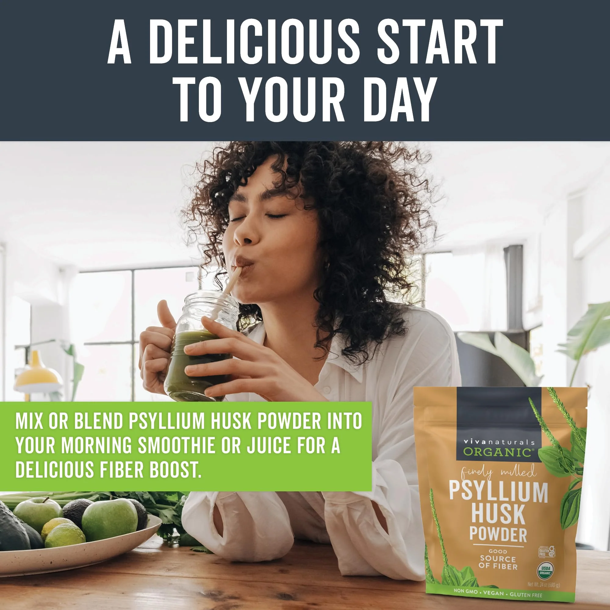 Viva Naturals Organic Psyllium Husk Powder, 24 oz – Finely Ground, Unflavored, Vegan, Keto, Paleo, Non-GMO Plant-Based Superfood, Good Source of Fiber for Gluten-Free Baking, Juices & Smoothies - Image 8