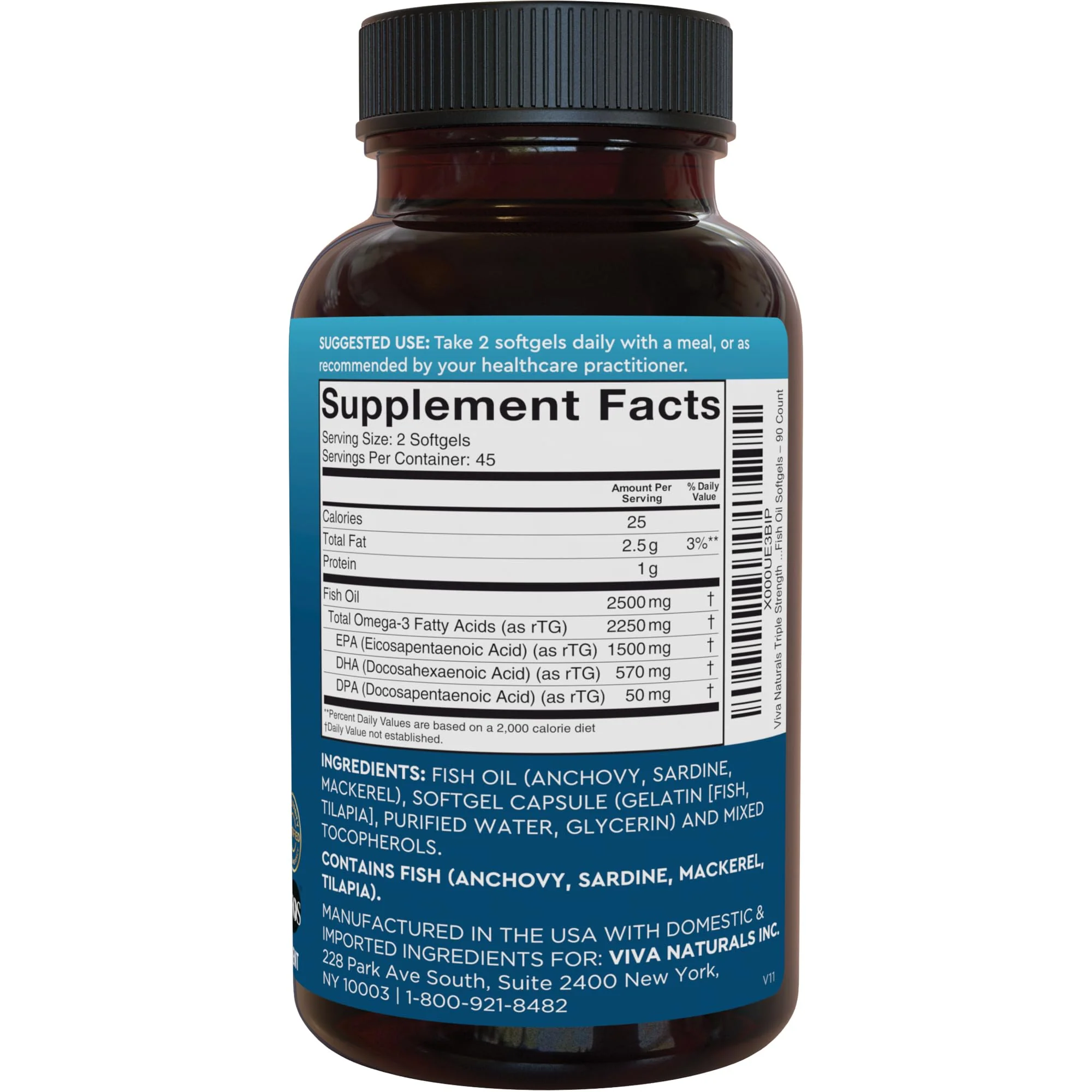 Viva Naturals Triple Strength Omega 3 Fish Oil Pills – 2500 mg High-Potency Formula with 2250 mg Omega 3 Fatty Acids (Including EPA, DHA, DPA) in rTG Form for Absorption – IFOS Certified, 90 Softgels - Image 4