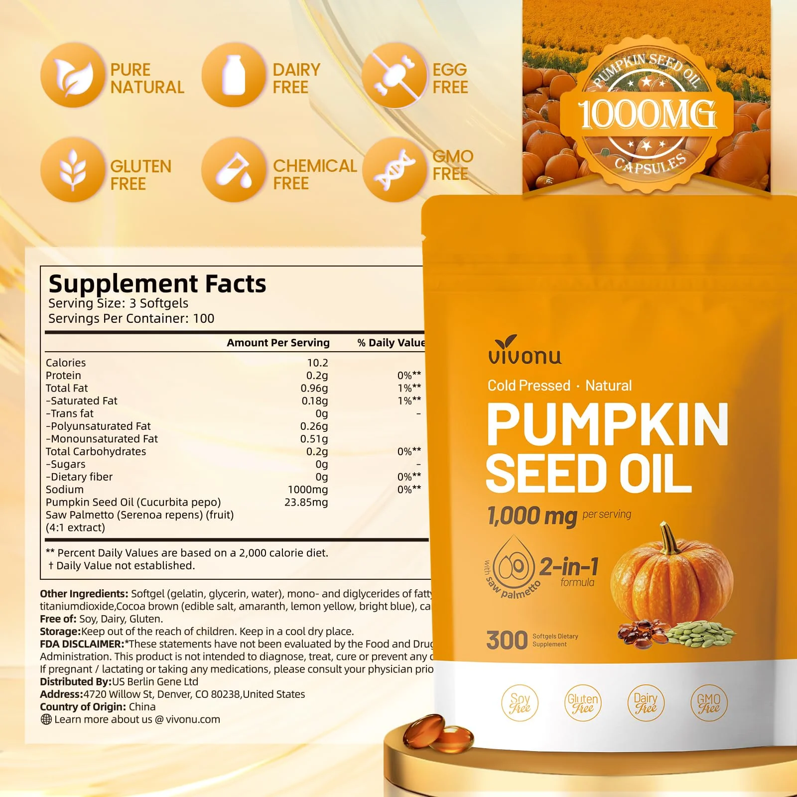 VivoNu Pumpkin Seed Oil with Saw Palmetto Capsules | Cold Pressed, Pure Virgin Oil, Essential Fatty Acids & Phytosterols | 300 SoftgelsSupports Hair, Urinary, Bladder & Prostate Health | Non-GMO - Image 3