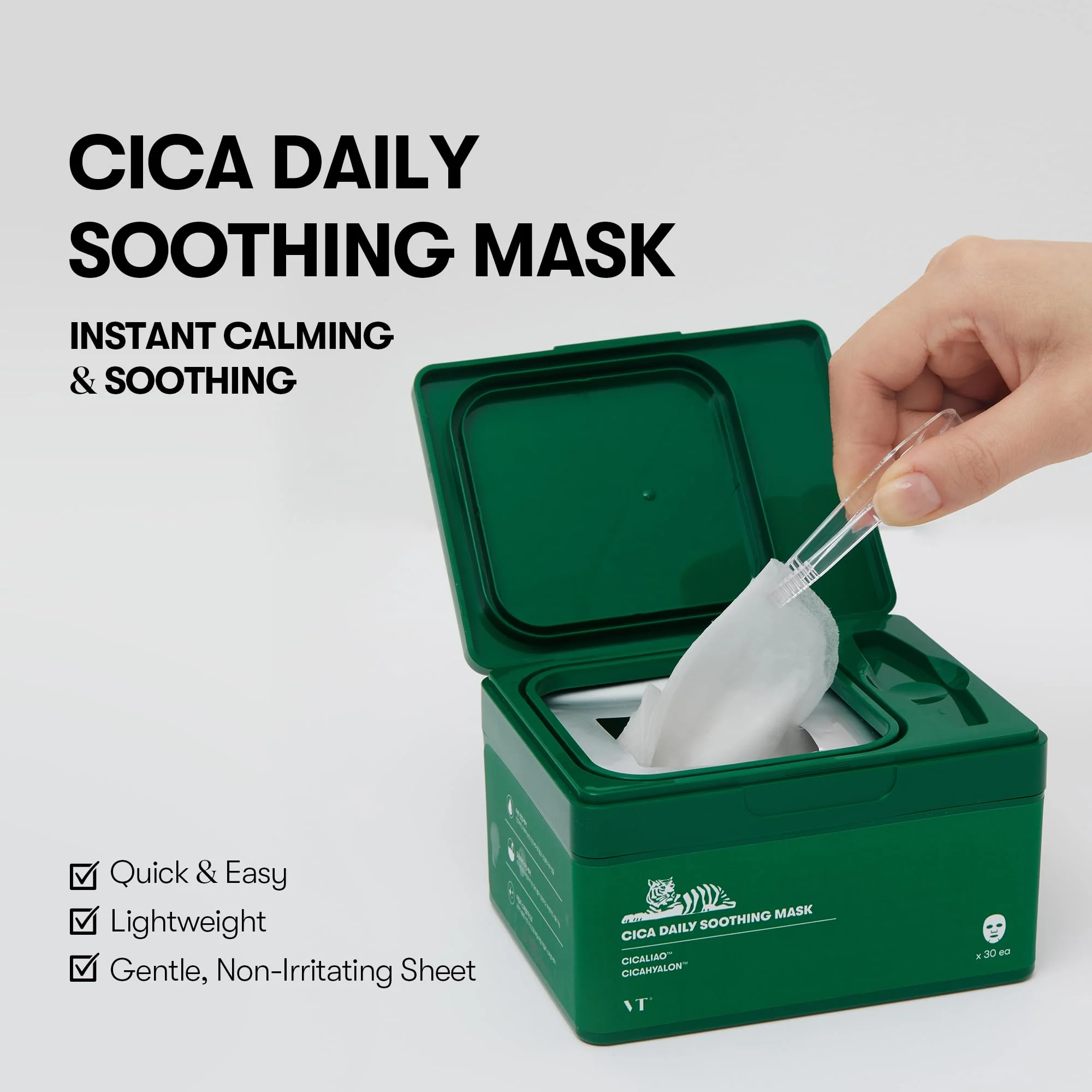 VT COSMETICS CICA Daily Soothing Mask 30 Sheets, Centella Asiatica & Hyaluronic Acid for Moisturizing & Hydrating, Instant Calm & Glow, Skin Softening Facial Mask, Korean Face Mask - Image 6
