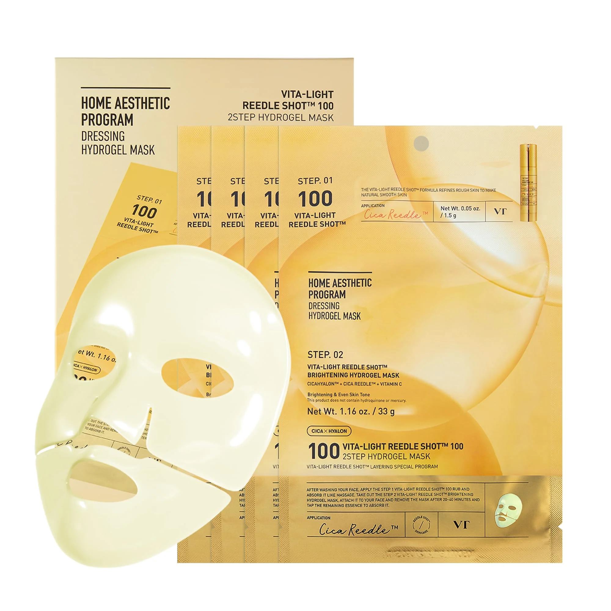 VT COSMETICS Vita-Light Reedle Shot 100 2-Step Hydrogel Mask(34.5gx4ea), Intensive Glowing, Exosome Glutathione Face Mask, Overnight Melting Mask, Korean Facial Mask