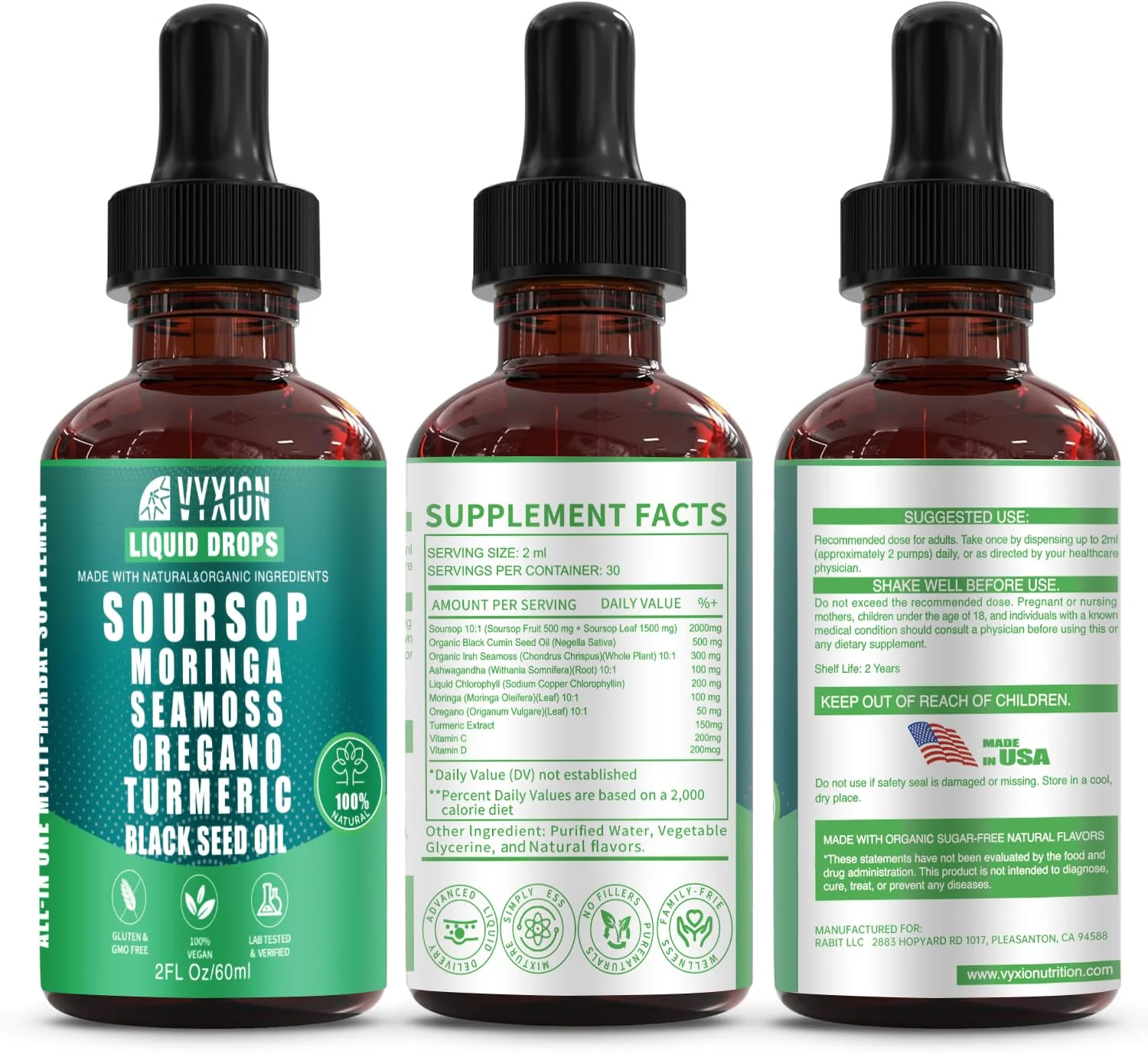 Vyxion Soursop Bitters Liquid Drops 10 in 1 with Sea Moss, Moringa, Turmeric, Black Seed Oil, Oregano, Ashwagandha | Herbal Extracts for Overall Health-Enhancing | Vegan, Non-GMO | 2 Fl Oz - Image 7