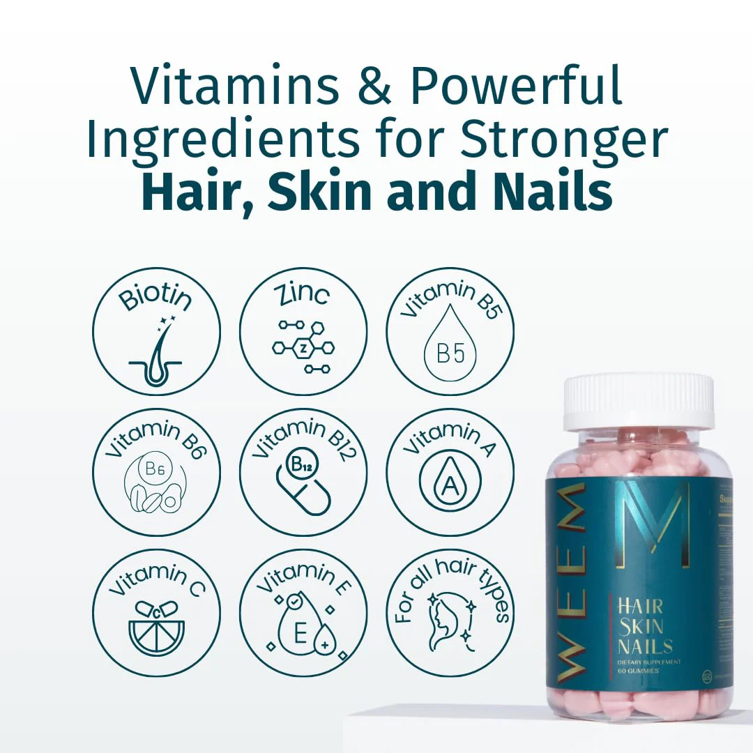 WEEM Hair Skin and Nails Gummies - Supports Healthy Hair - Vegan biotin Vitamins for Women & Men Supports Faster Hair Growth, Stronger Nails, Healthy Skin, Extra Strength (1) - Image 5