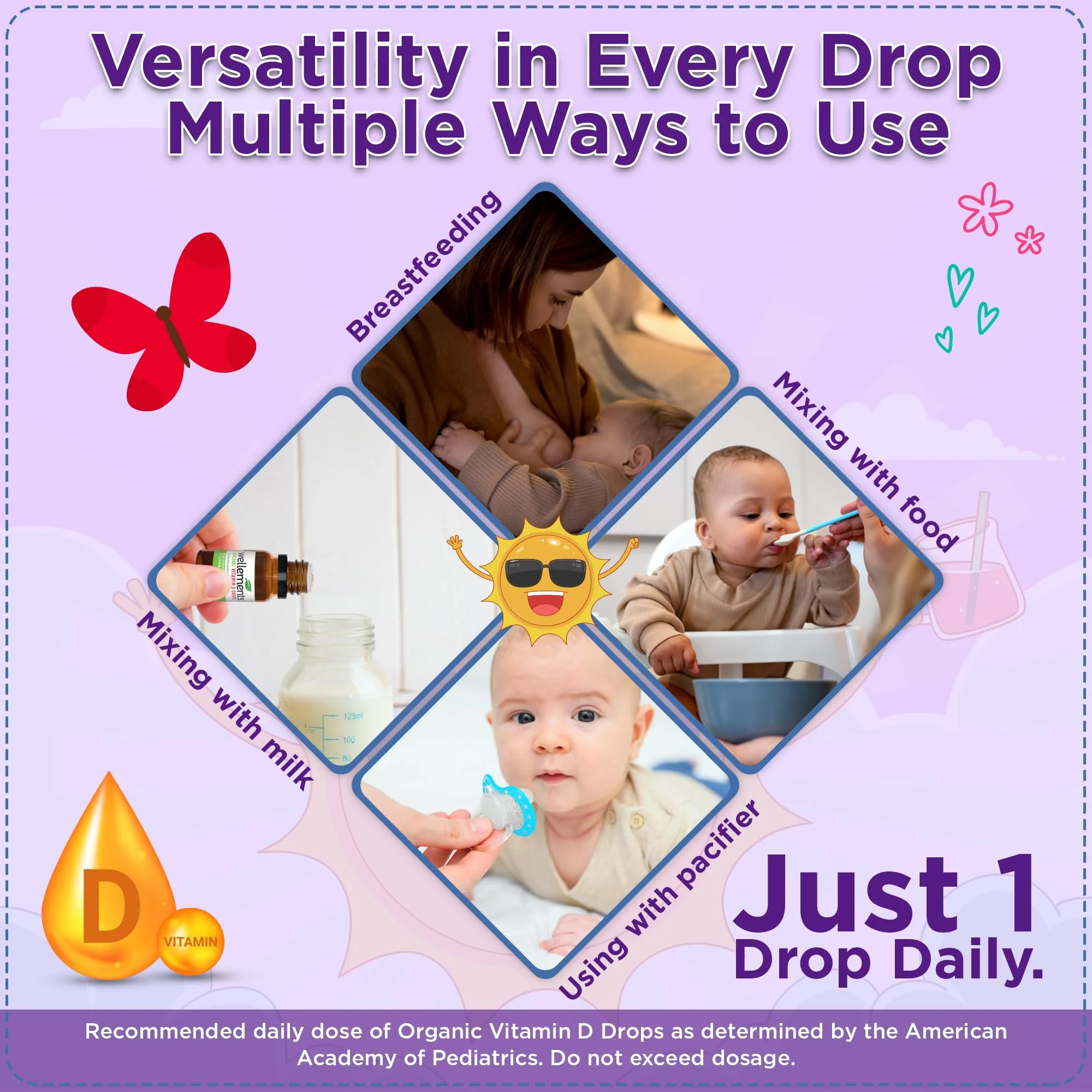 Wellements Baby Organic Vitamin D Drops for Infants & Toddlers (90-Day Supply) - Certified Newborn+ Liquid Vitamin D3 Drops, Support Healthy Growth & Bone Development 400 IU per Drop (1 Drop Daily) - Image 6