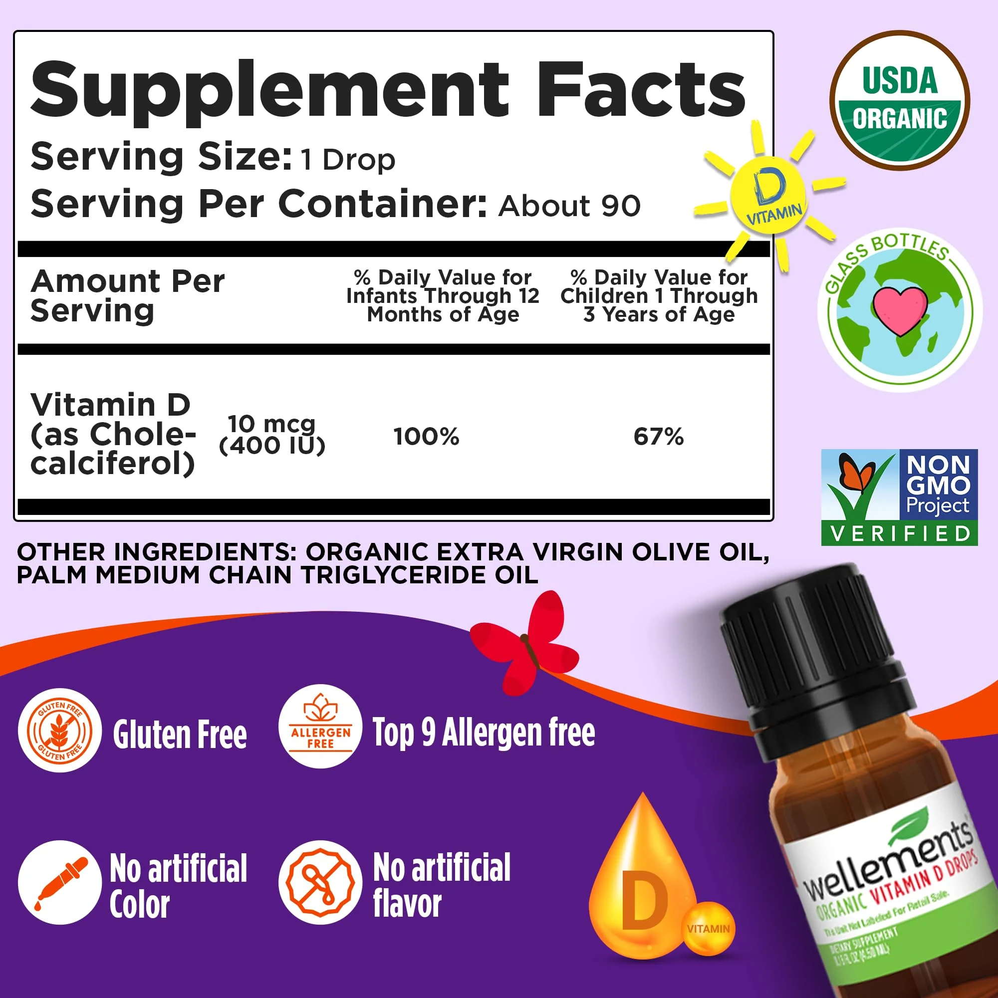 Wellements Baby Organic Vitamin D Drops for Infants & Toddlers (90-Day Supply) - Certified Newborn+ Liquid Vitamin D3 Drops, Support Healthy Growth & Bone Development 400 IU per Drop (1 Drop Daily) - Image 8