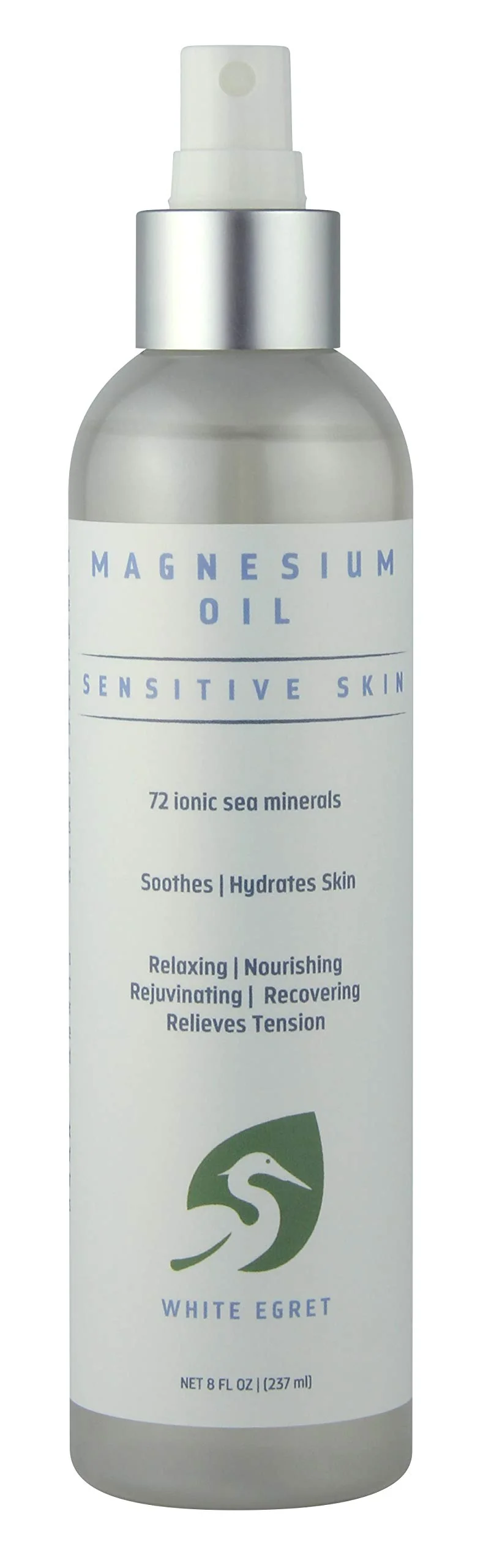 White Egret | Magnesium Oil Spray Sensitive Skin with 72 Ionic sea Minerals | Soothing, Nourishing, rejuvenating and Recovering Properties | 8 Fl Oz