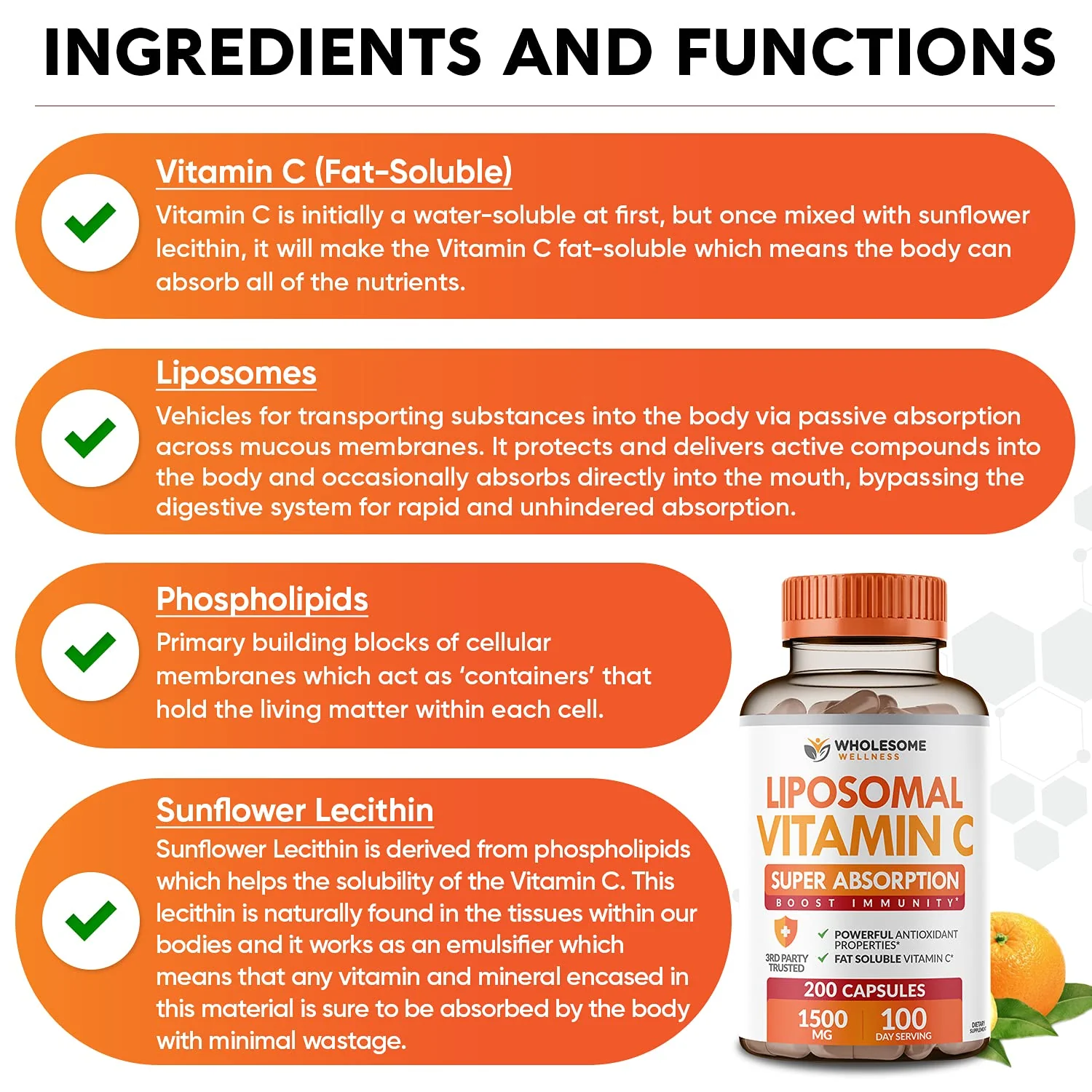 Wholesome Wellness Liposomal Vitamin C Capsules (200 Pills 1500mg Buffered) High Absorption, Immune System & Collagen Booster, High Dose Fat Soluble Immunity Support Ascorbic Acid, Natural Vegan - Image 6
