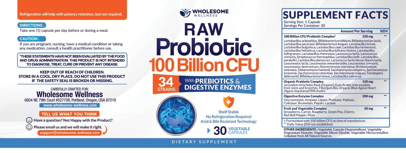 Wholesome Wellness Organic Raw Probiotics 100 Billion CFU, Dr Formulated for Women and Men, Complete Adult Supplement with Prebiotics and Digestive Enzymes; 30 Capsules, Shelf Stable - Image 8
