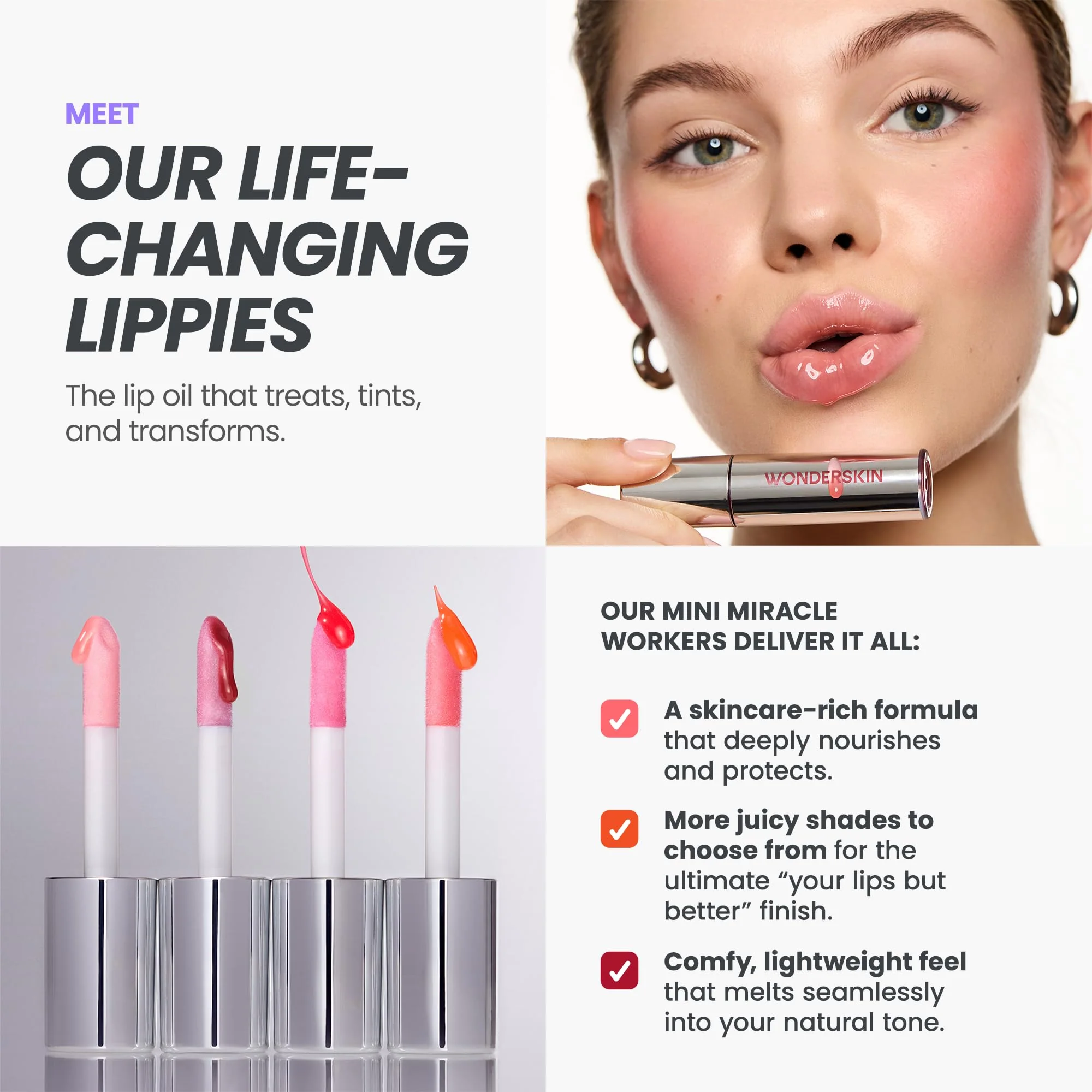Wonderskin Lip Oil Rehab Serum - Tinted Lip Oil, Hydrating, Moisturizing, and Non-Sticky Coral Pink Tint Serum for Dry Lips (Lover) - Image 8