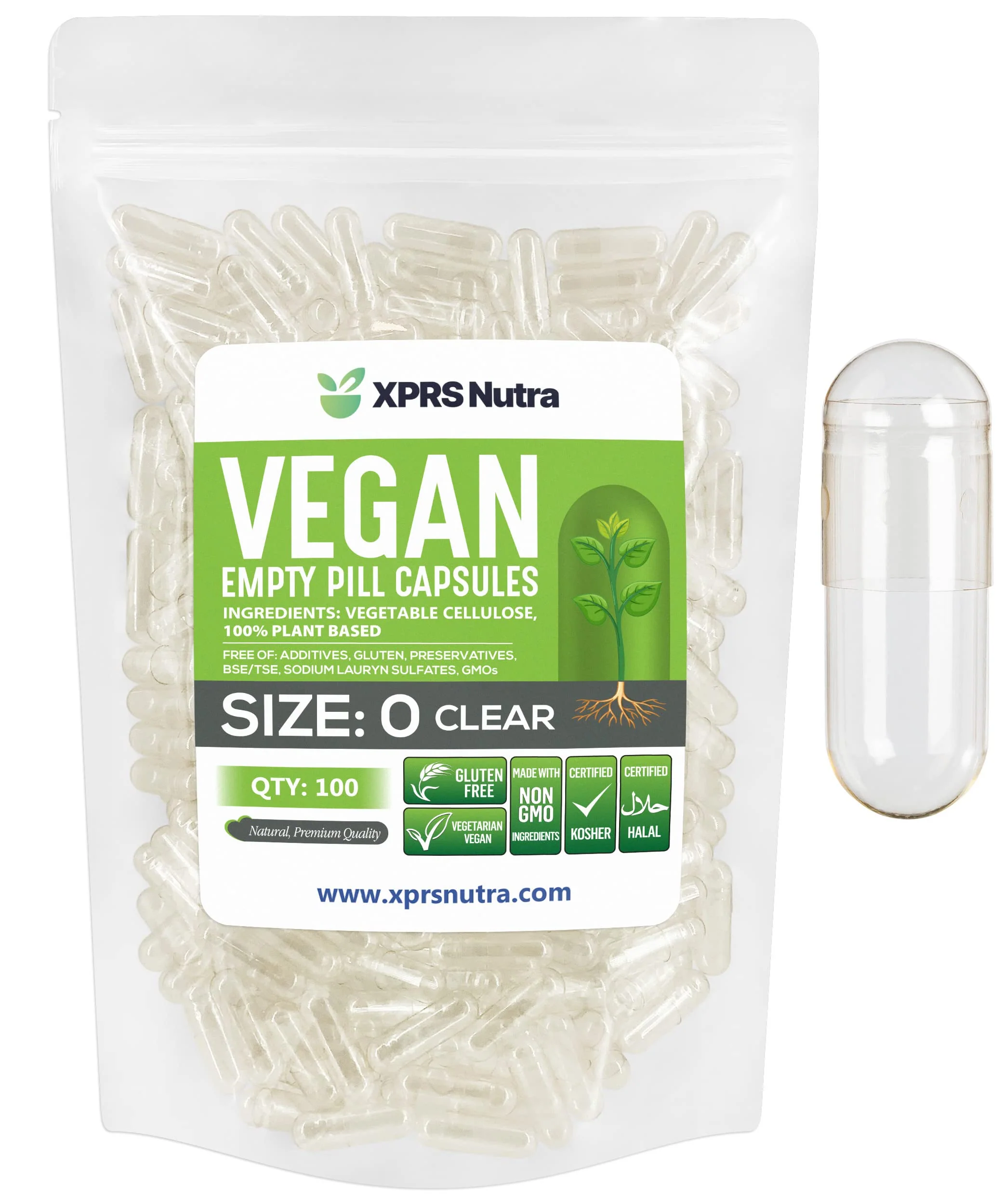 XPRS Nutra Size 0 Empty Capsules - 100 Clear Count Empty Vegan Capsules - Vegetarian Pill - DIY Vegetable Capsule Filling -Veggie Pills for Do-It-Yourself Supplements