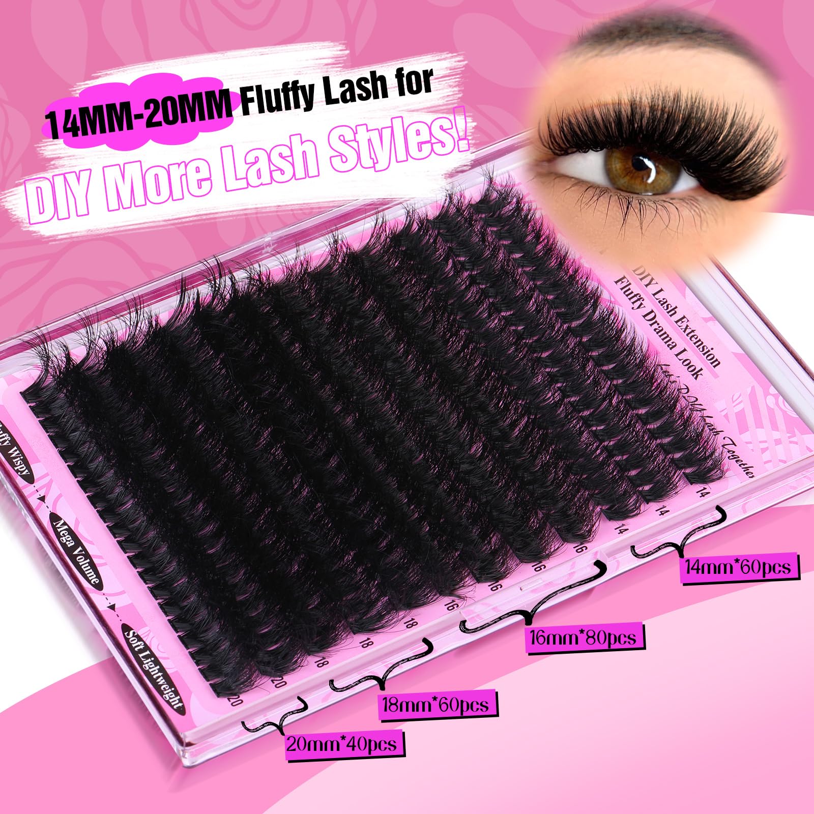 Yawamica Fluffy Lash Clusters Thick 200D Volume Eyelash Clusters 14-20mm Wispy Individual Lashes D Curly Cluster Eyelash Extensions 240pcs DIY Lash Extension for Beginners - Image 5