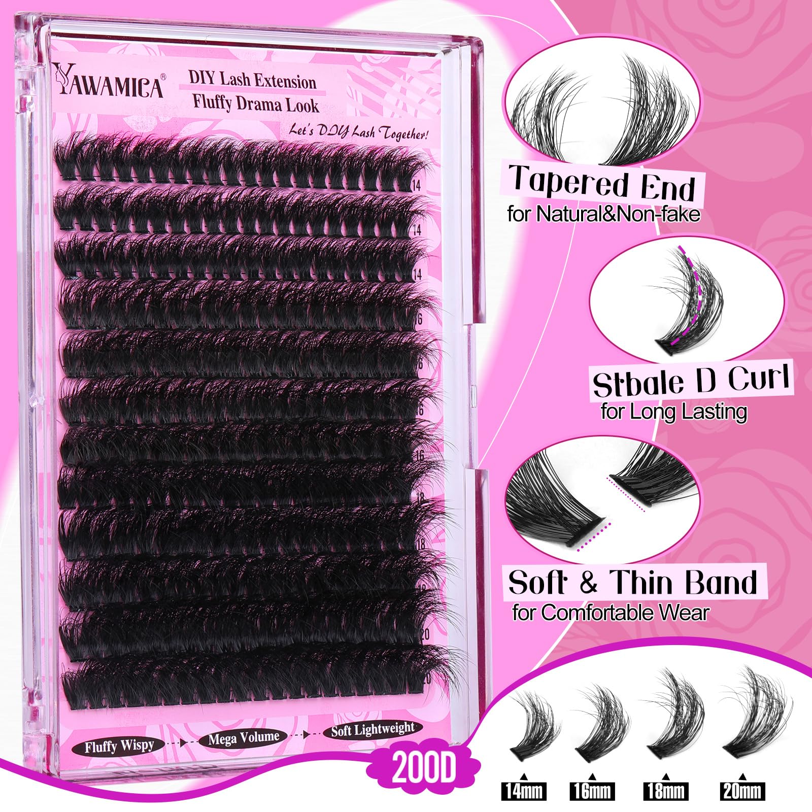 Yawamica Fluffy Lash Clusters Thick 200D Volume Eyelash Clusters 14-20mm Wispy Individual Lashes D Curly Cluster Eyelash Extensions 240pcs DIY Lash Extension for Beginners - Image 7
