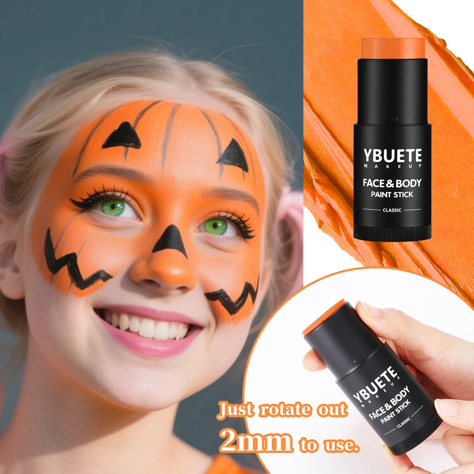 YBUETE Orange Face Body Painting Stick,Professional Orange Full-coverage Cream Face Paint for Halloween SFX Tiger Pumpkin Clown Cosplay, Washable Eye Stick for Adult Festival & Theater Performance - Image 7