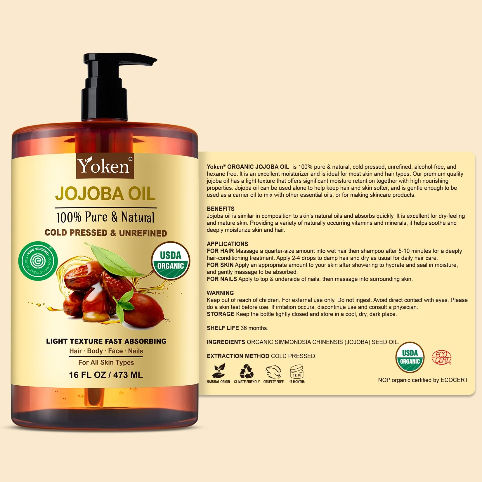 Yoken Pure Jojoba Oil Organic USDA Certified 16 fl oz, 100% Natural Jojoba Oil for Hair, Skin & Face, Cold Pressed Unrefined, Deeply Body Moisturizer Jojoba Carrier Oils for Essential oil Mixing - Image 4
