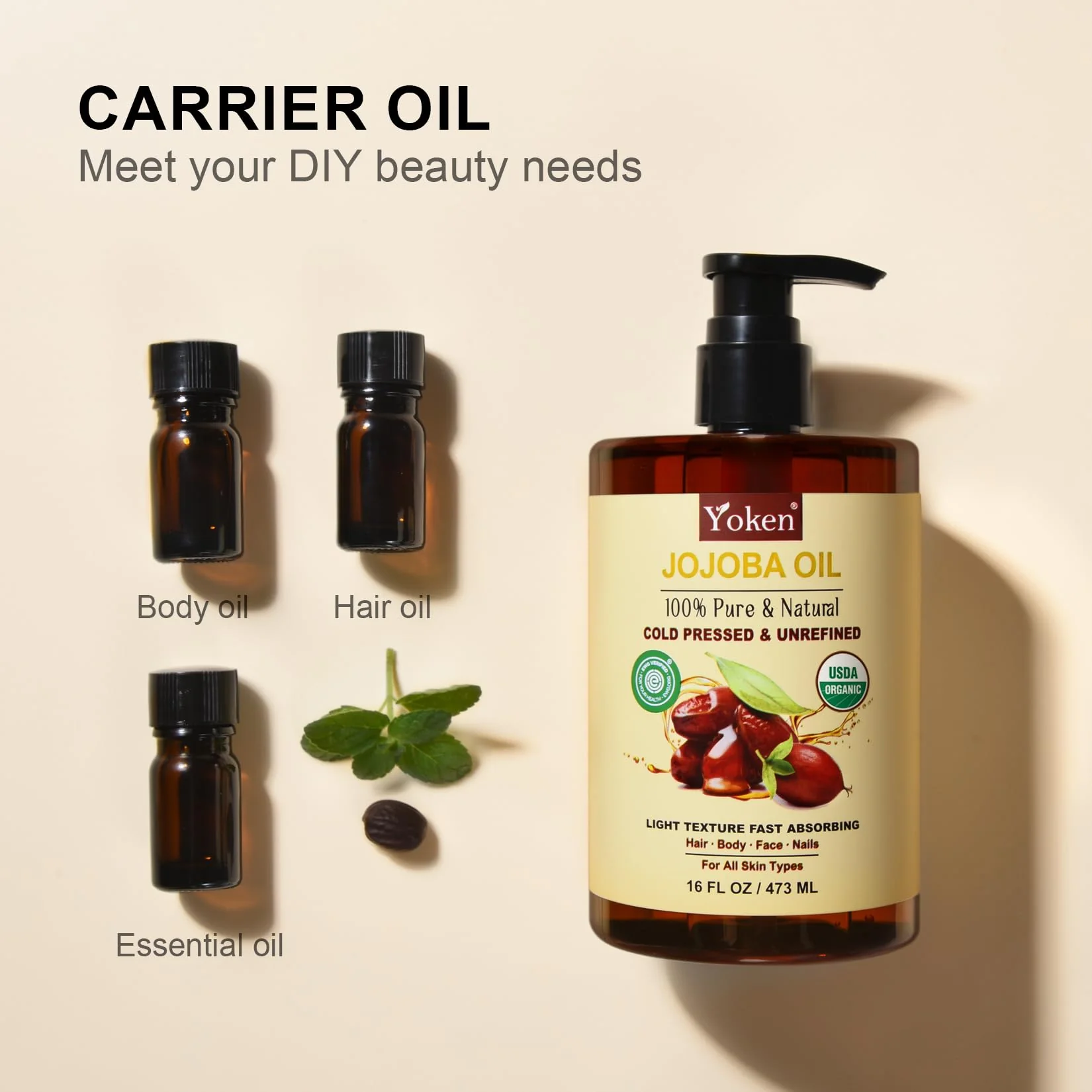 Yoken Pure Jojoba Oil Organic USDA Certified 16 fl oz, 100% Natural Jojoba Oil for Hair, Skin & Face, Cold Pressed Unrefined, Deeply Body Moisturizer Jojoba Carrier Oils for Essential oil Mixing - Image 6