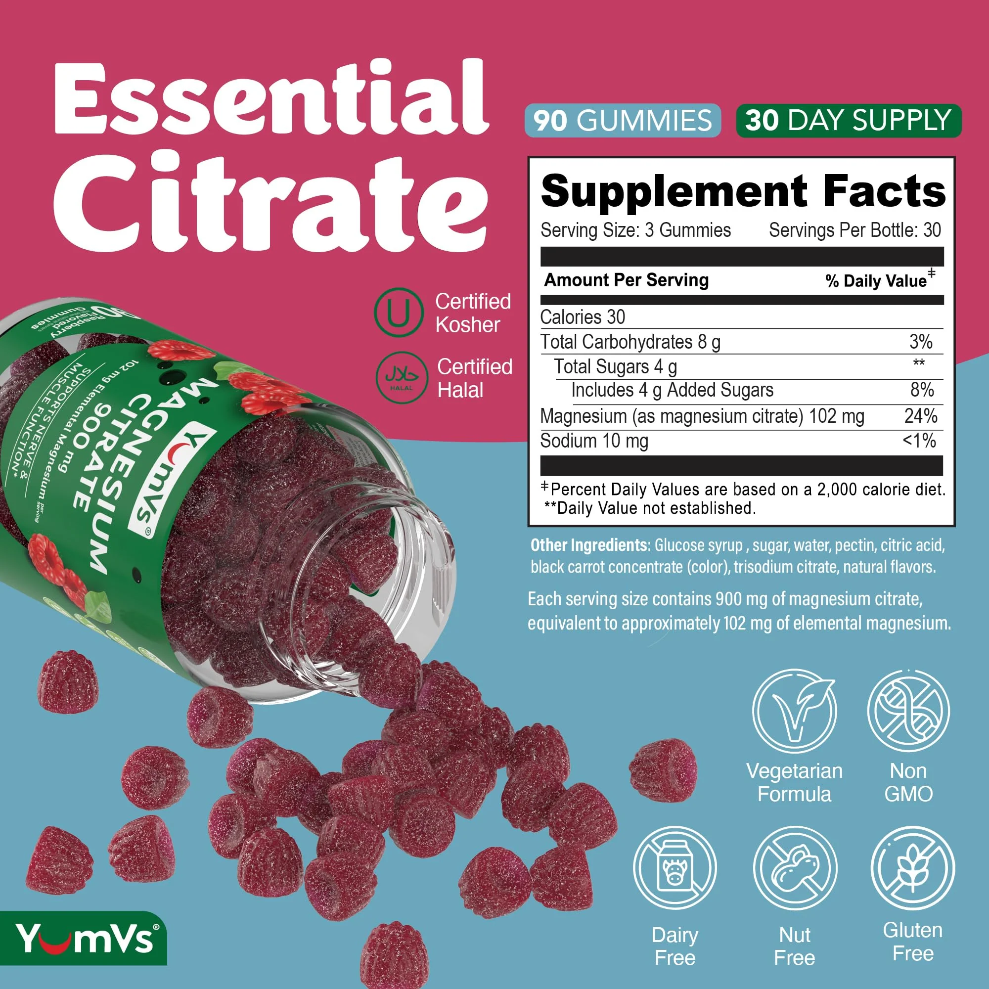 YUM-V'S Magnesium Citrate Gummies – 900mg Highly Absorbable Magnesium Gummies for Women & Men to Support Nerve, Muscle & Enzyme Function – Gluten-Free, Kosher & Raspberry Flavor (90 Count) - Image 3