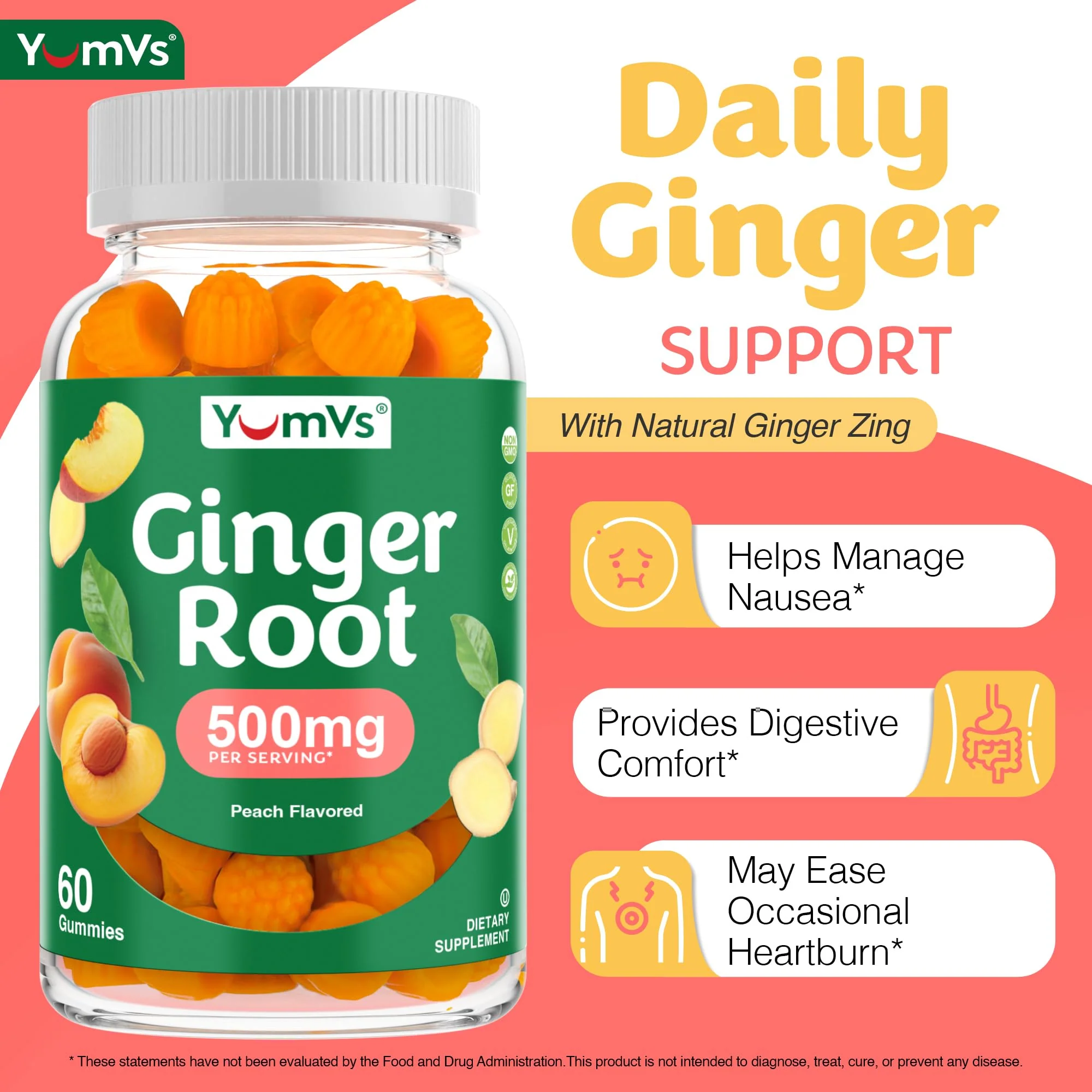 YUM-V'S YumVs Ginger Gummies, 500 mg Ginger Root Extract, Peach Flavor, Nausea Relief, Digestion & Immune Support, Vegan, Non-GMO, Gelatin-Free (60 Count) - Image 3