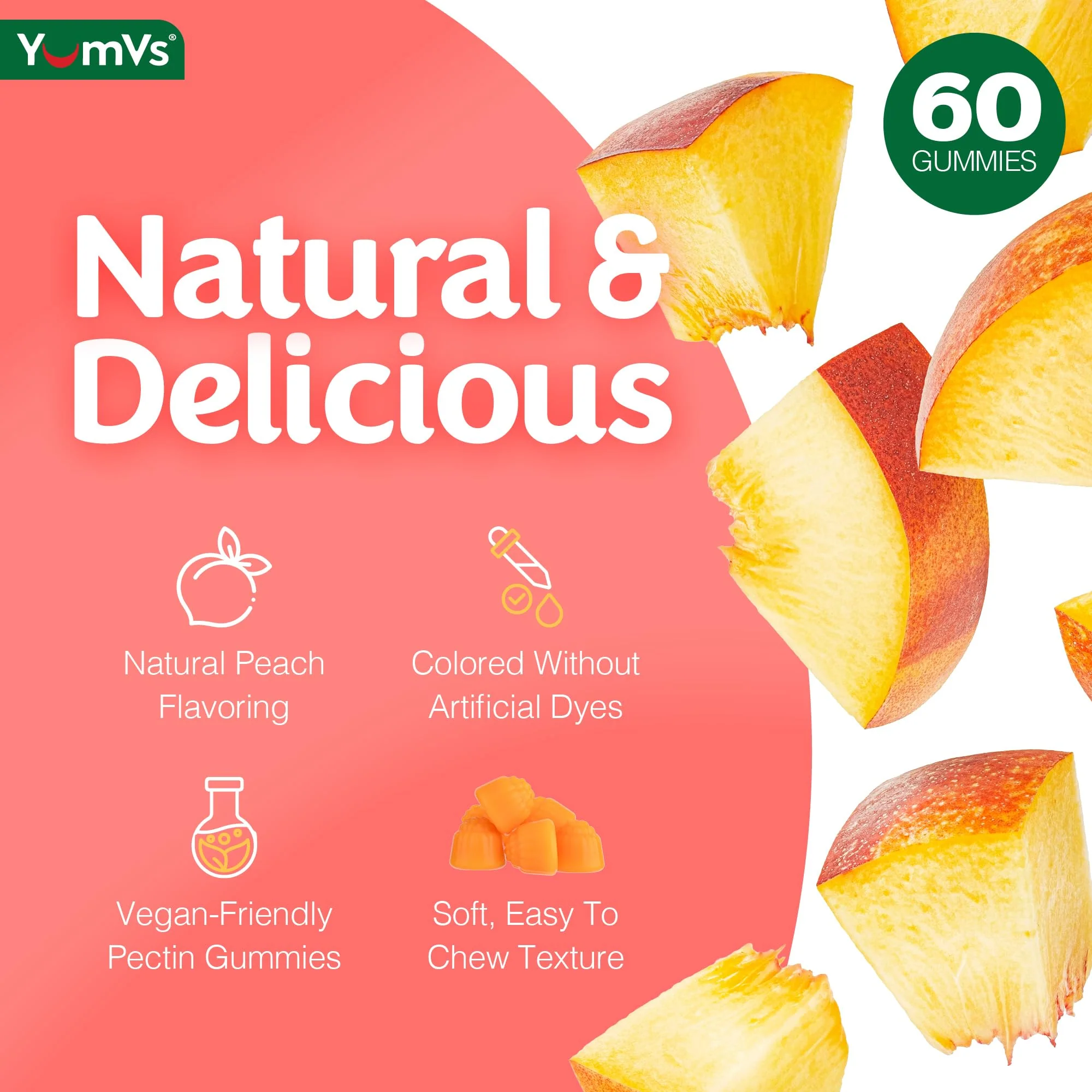 YUM-V'S YumVs Ginger Gummies, 500 mg Ginger Root Extract, Peach Flavor, Nausea Relief, Digestion & Immune Support, Vegan, Non-GMO, Gelatin-Free (60 Count) - Image 5