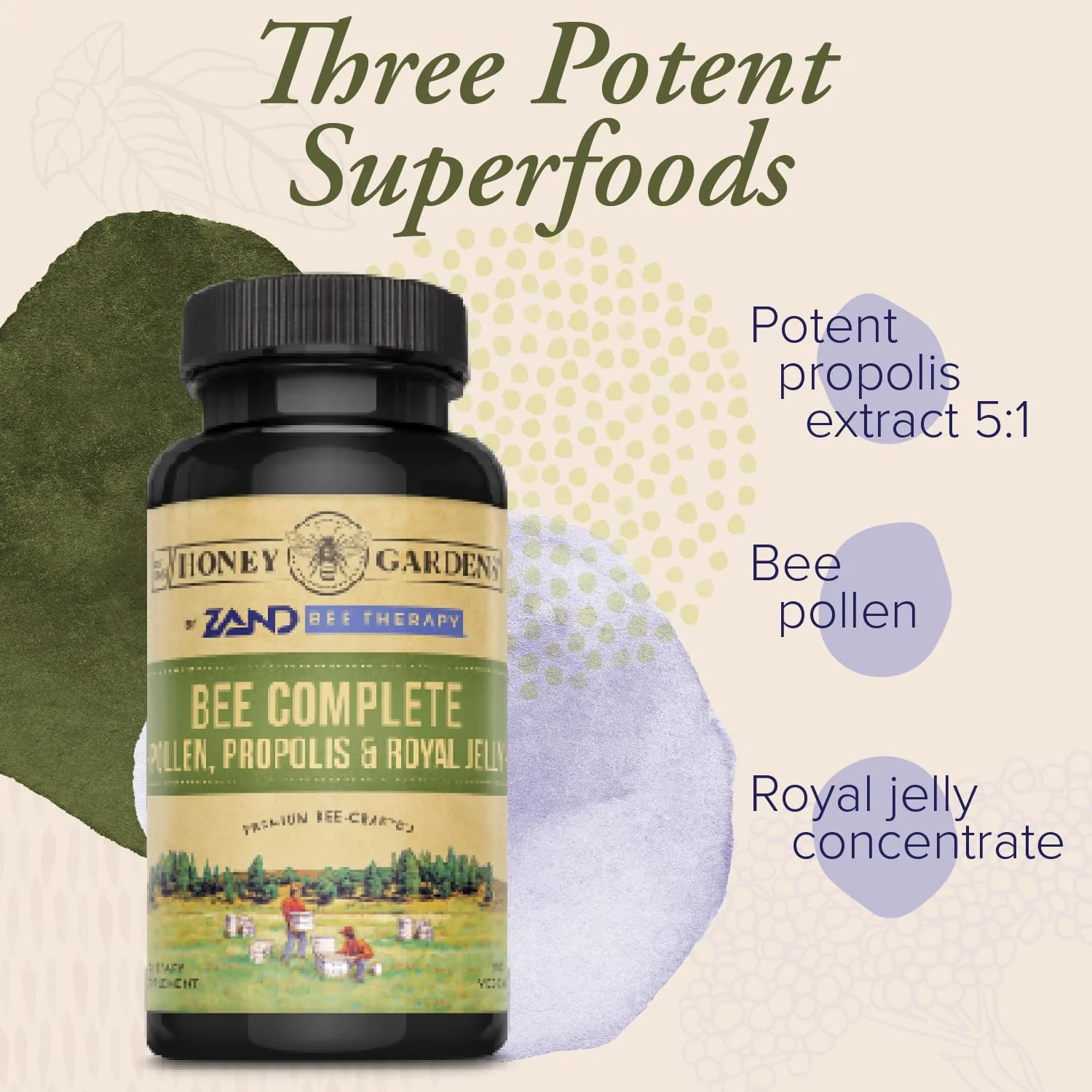 ZAND Honey Gardens Bee Complete - Bee Pollen Supplement for Men & Women, Propolis & Royal Jelly Superfood Blend, High Potency Nourishing Formula - 30 Servings, 90 Vegetarian Capsules - Image 3