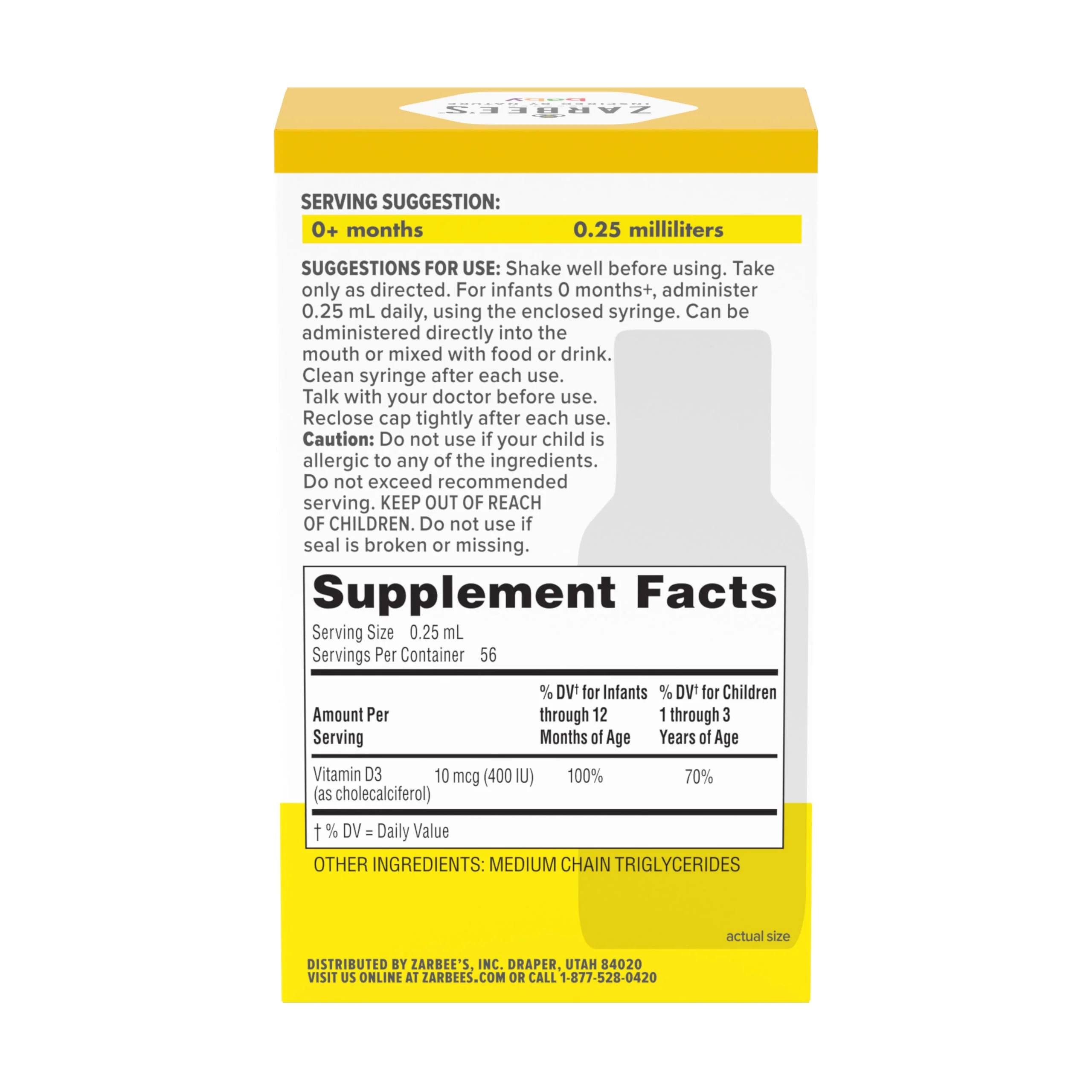 Zarbee's Vitamin D Drops for Infants, 400IU (10mcg) Baby & Toddler Liquid Supplement, Newborn & Up, Dropper Syringe Included, 0.47 Fl Oz - Image 2
