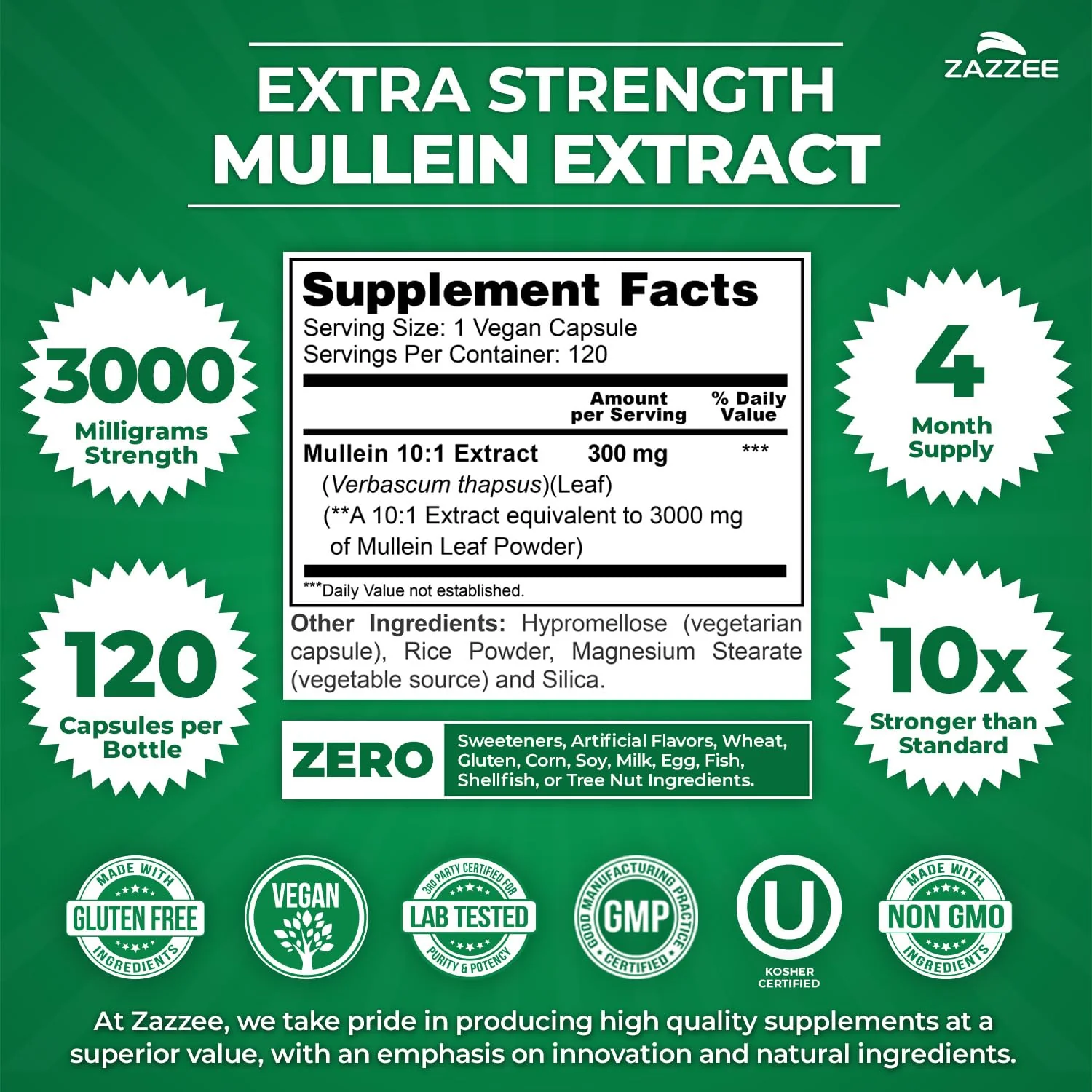 Zazzee Extra Strength Mullein 10:1 Extract, 3000 mg Strength, 120 Vegan Capsules, 4 Month Supply, Certified Kosher, Lung and Respiratory Support, 100% Pure Leaf Powder, Non-GMO, Made in the USA - Image 8