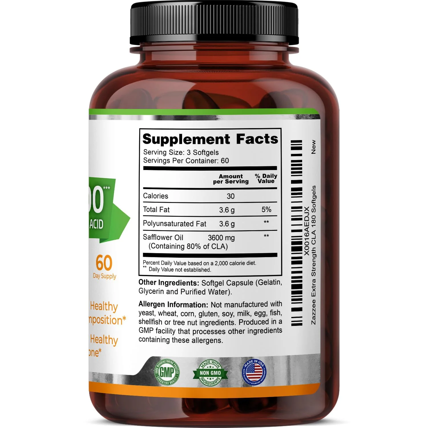 Zazzee High Potency CLA 3600, 180 Softgels, 3600 mg per Serving, Conjugated Linoleic Acid from Safflower Oil, Concentrated and Standardized, 60 Day Supply, Non-GMO and Made in The USA - Image 3