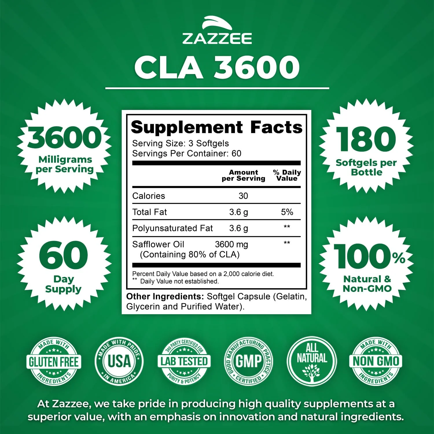 Zazzee High Potency CLA 3600, 180 Softgels, 3600 mg per Serving, Conjugated Linoleic Acid from Safflower Oil, Concentrated and Standardized, 60 Day Supply, Non-GMO and Made in The USA - Image 8