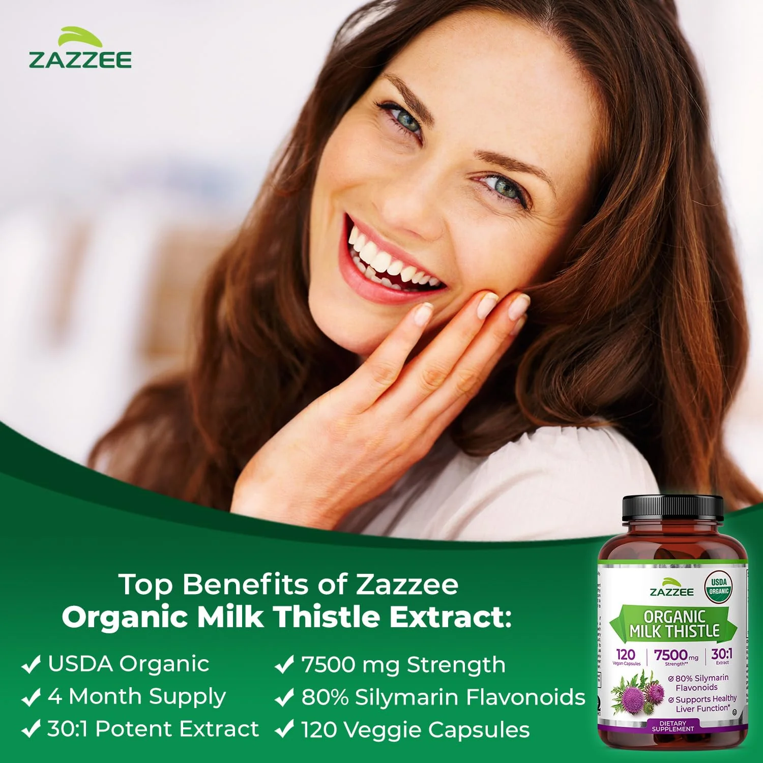 Zazzee USDA Organic Milk Thistle Extract 30:1, 80% Silymarin, 7500 mg Equivalent, 120 Vegan Capsules, Certified Kosher, High Potency Liver Support Supplement, Antioxidant Support, Non-GMO, Made in USA - Image 7
