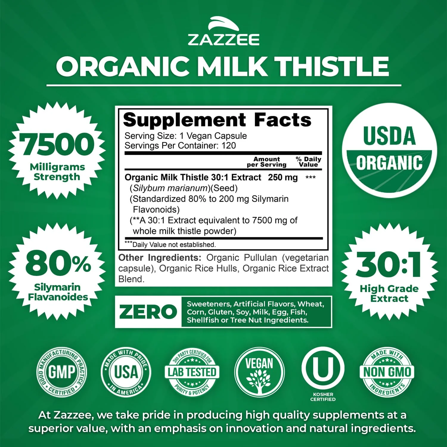 Zazzee USDA Organic Milk Thistle Extract 30:1, 80% Silymarin, 7500 mg Equivalent, 120 Vegan Capsules, Certified Kosher, High Potency Liver Support Supplement, Antioxidant Support, Non-GMO, Made in USA - Image 8