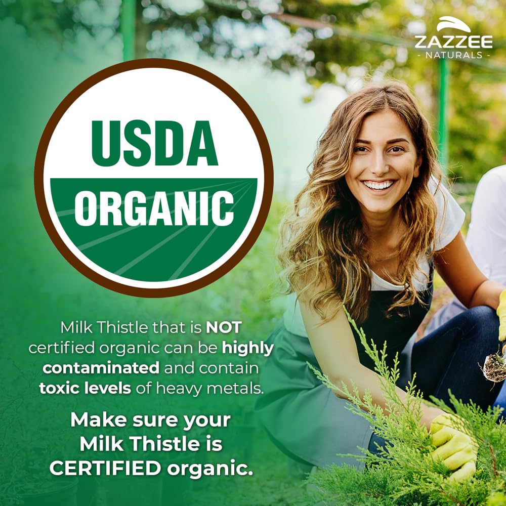 Zazzee USDA Organic Milk Thistle Extract 30:1, 80% Silymarin, 7500 mg Equivalent, 120 Vegan Capsules, Certified Kosher, High Potency Liver Support Supplement, Antioxidant Support, Non-GMO, Made in USA - Image 9