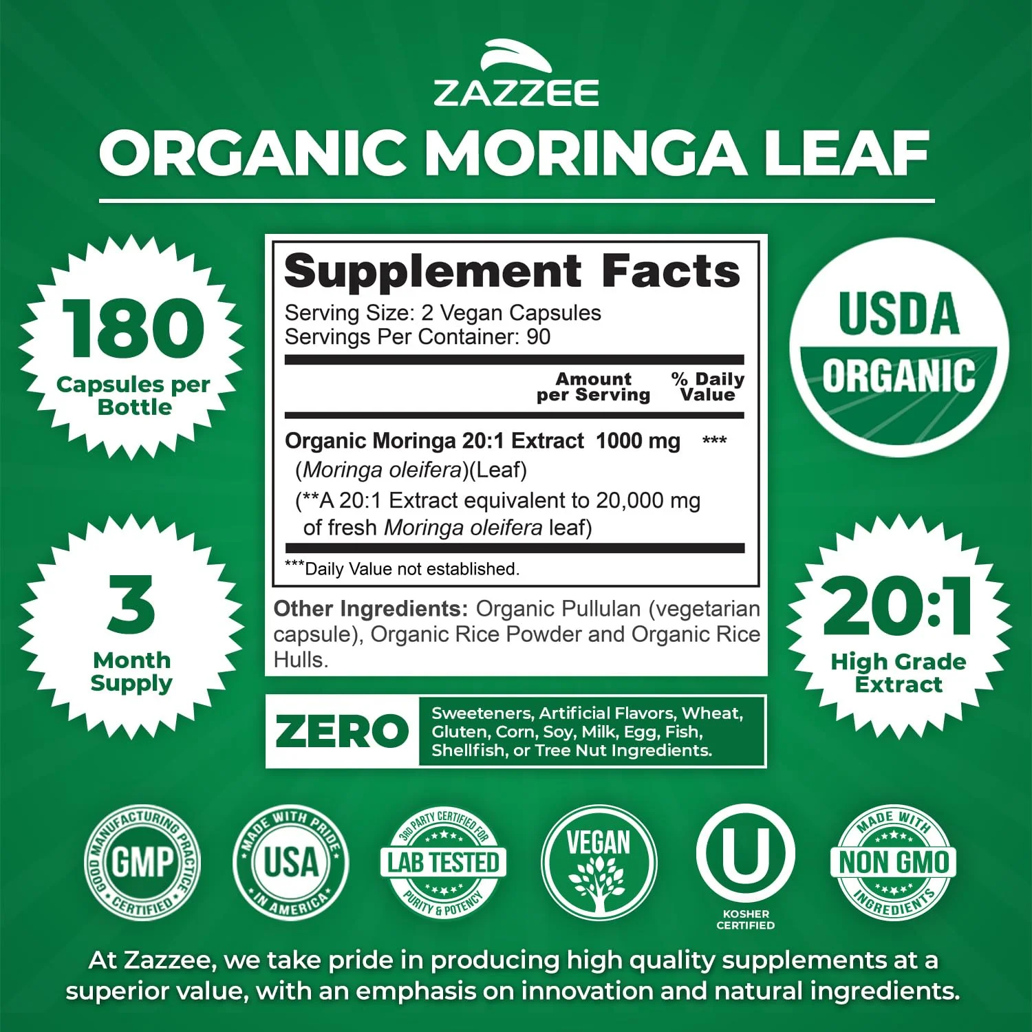 Zazzee USDA Organic Moringa Leaf 20:1 Extract, 180 Vegan Capsules, 3 Month Supply, Certified Kosher, Moringa Oleifera, Antioxidant, Immune & Cellular Support, Superfood Supplement, Made in the USA - Image 17