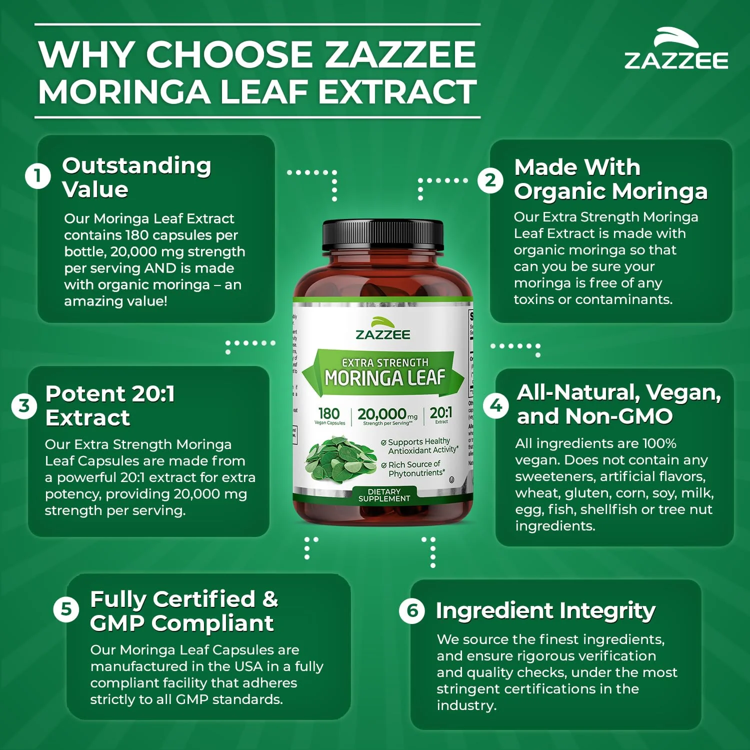Zazzee USDA Organic Moringa Leaf 20:1 Extract, 180 Vegan Capsules, 3 Month Supply, Certified Kosher, Moringa Oleifera, Antioxidant, Immune & Cellular Support, Superfood Supplement, Made in the USA - Image 6
