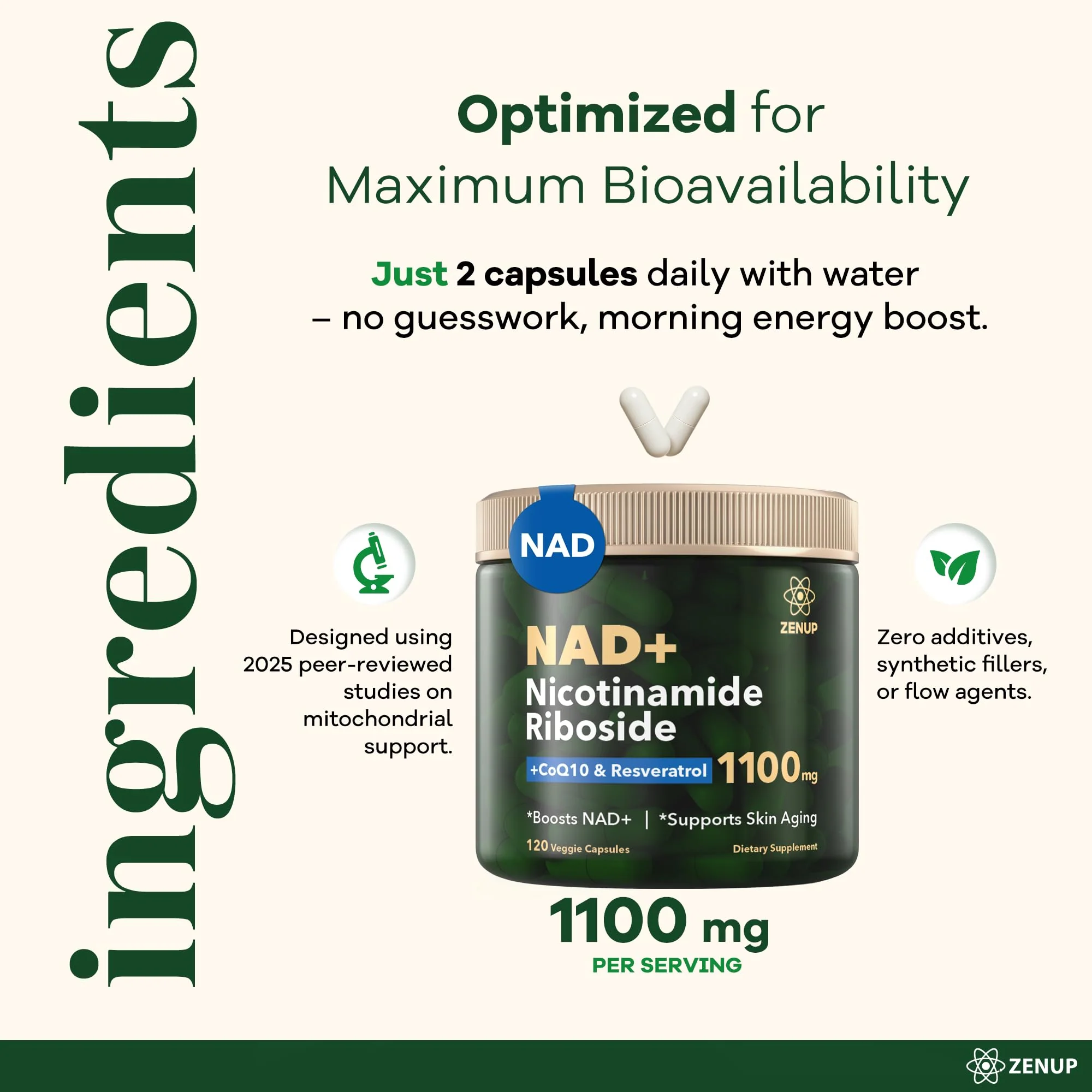 ZenUP NAD+ Supplement | 1100mg Liposomal Nicotinamide Riboside with Resveratrol & Quercetin | Anti-Aging, Cellular Energy, Mental Focus | 120 Caps - Image 2