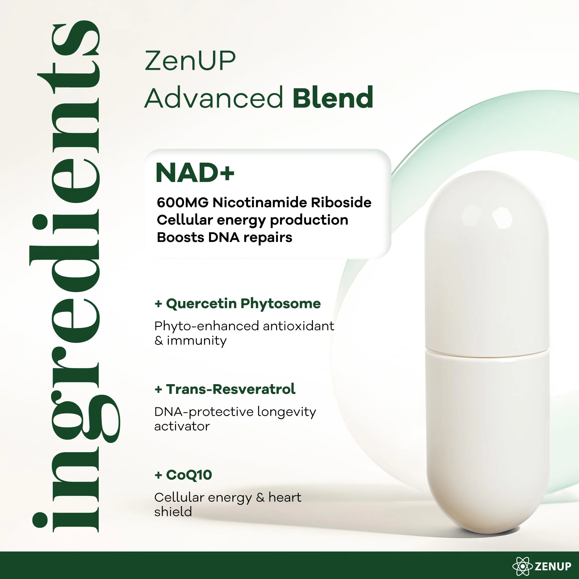 ZenUP NAD+ Supplement | 1100mg Liposomal Nicotinamide Riboside with Resveratrol & Quercetin | Anti-Aging, Cellular Energy, Mental Focus | 120 Caps - Image 3
