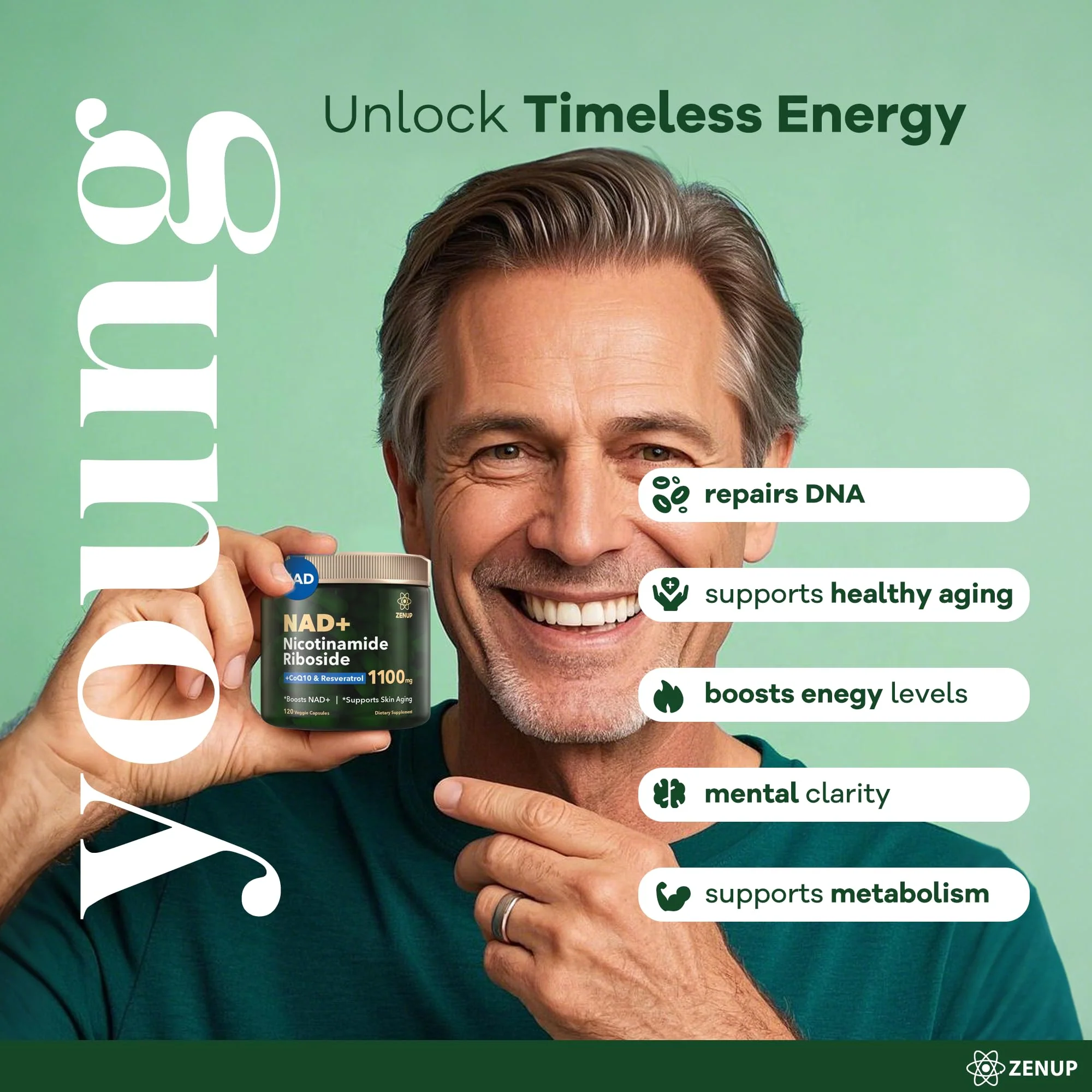 ZenUP NAD+ Supplement | 1100mg Liposomal Nicotinamide Riboside with Resveratrol & Quercetin | Anti-Aging, Cellular Energy, Mental Focus | 120 Caps - Image 6