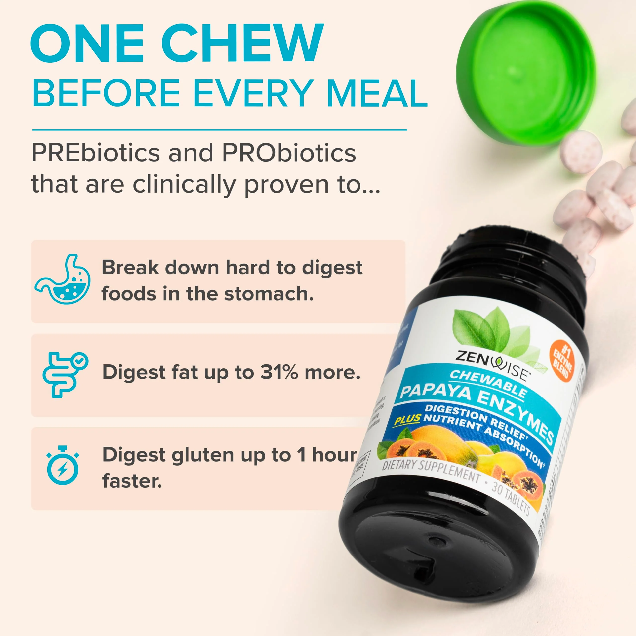 Zenwise Health Chewable Papaya Enzymes for Digestion & Gut Support - Chewable Digestive Enzyme Blend with Papain and Bromelain for Digestive Health & Bloating Relief - Women & Men - 30 Tablets - Image 5