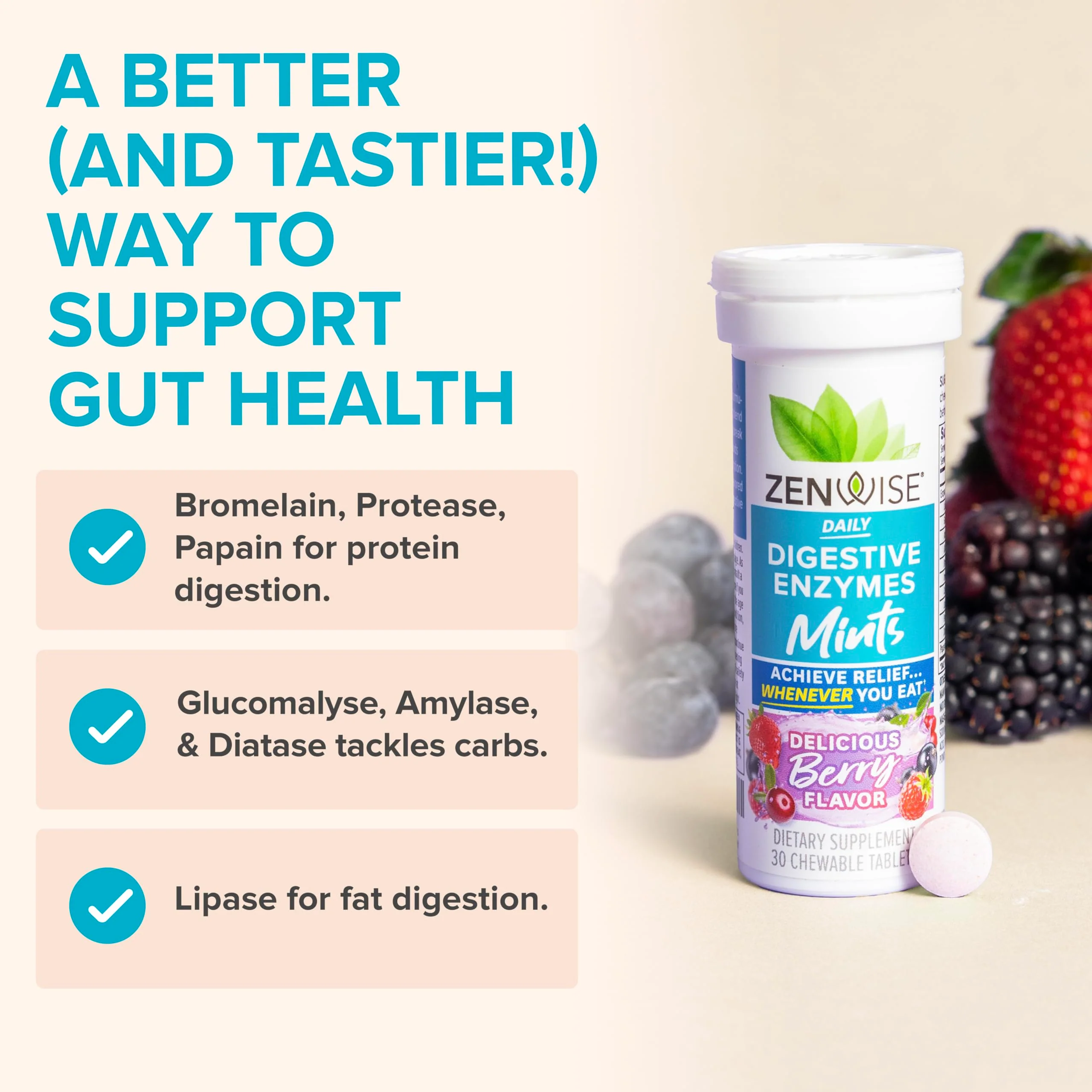 Zenwise Health Digestive Enzyme Breath Mints for Gut Health, Delicious Berry Flavor - Digestive Enzymes for Bloating Relief & Gut Support - Multi Enzymes Digestion Supplement - 30 Chewable Tablet - Image 4