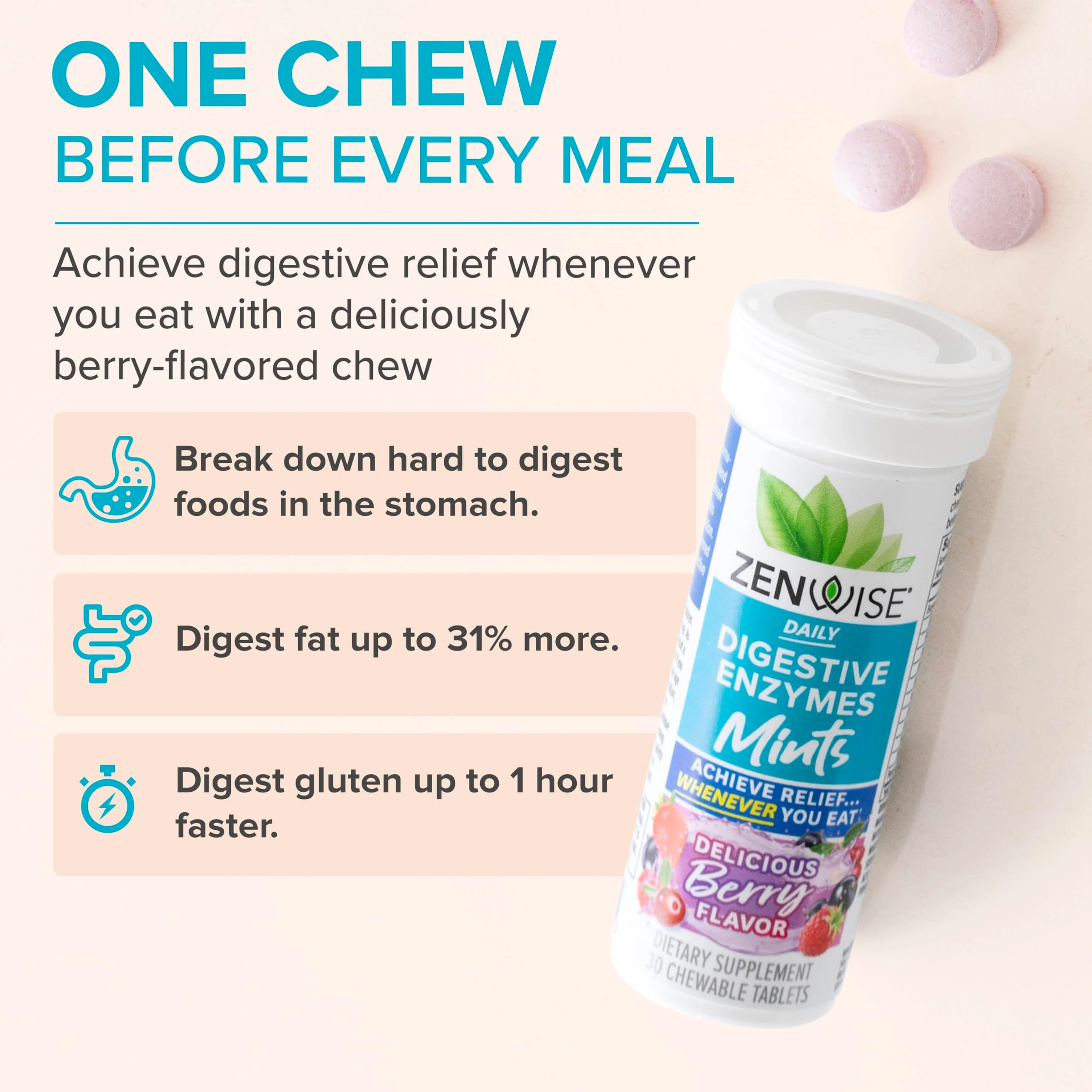 Zenwise Health Digestive Enzyme Breath Mints for Gut Health, Delicious Berry Flavor - Digestive Enzymes for Bloating Relief & Gut Support - Multi Enzymes Digestion Supplement - 30 Chewable Tablet - Image 5