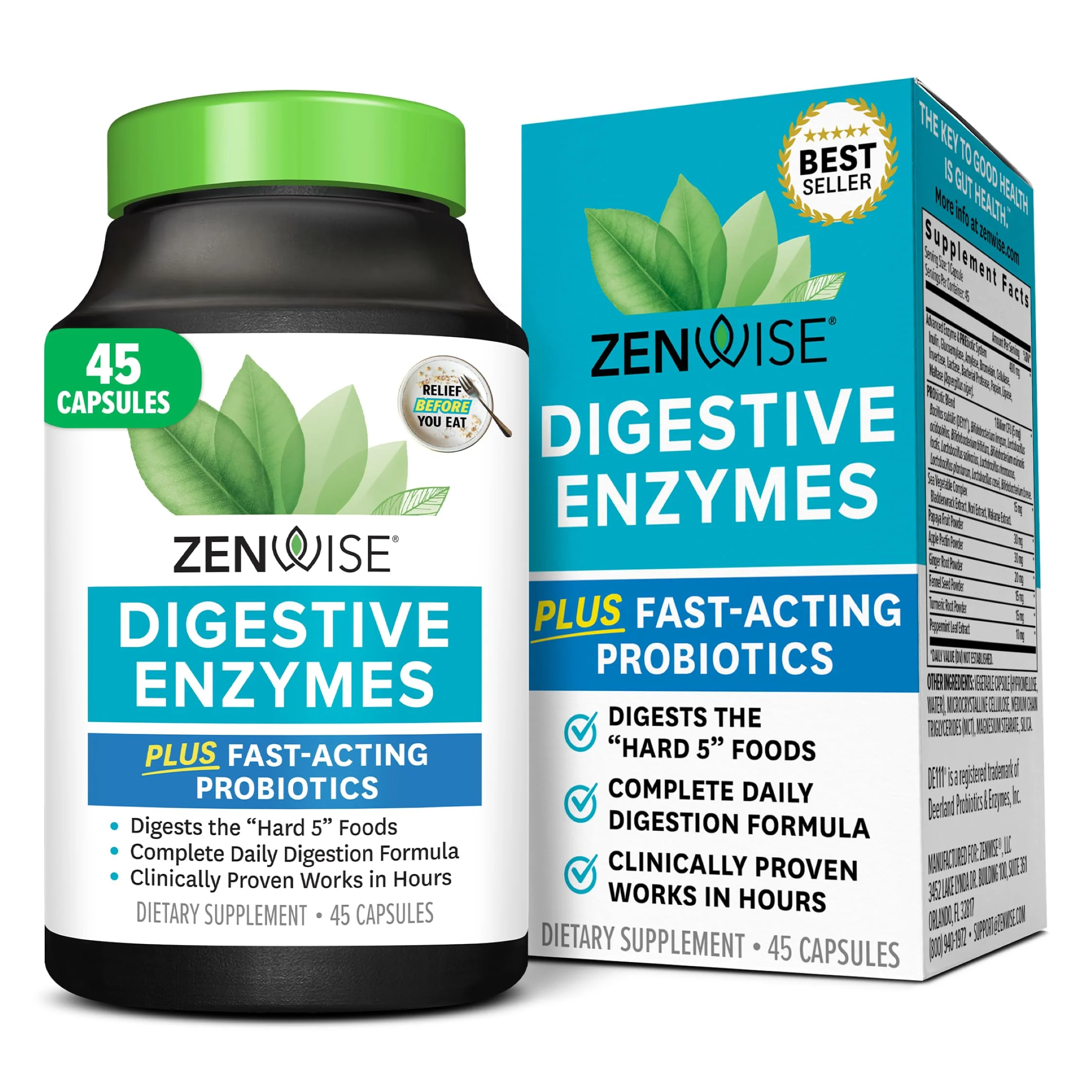 Zenwise Health Digestive Enzymes with Bromelain & Papaya - Multi Enzymes Digestion Supplement with Probiotics & Prebiotics for Gut Health, Gas & Bloating Relief - Men & Women - 45 Vegetarian Capsules
