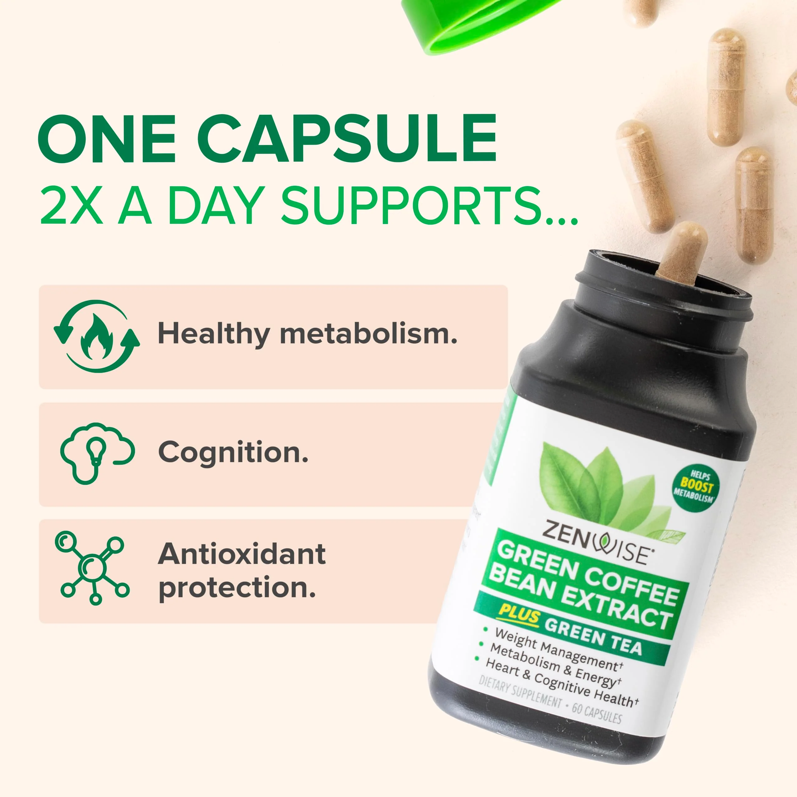 Zenwise Health EGCG Green Tea Extract Capsules with Coffee Bean Extract - 50% EGCG + 98% Polyphenols Supplement - Green Tea Pills for Skin and Heart Support + Brain Health and Memory Boost - 60 Count - Image 5
