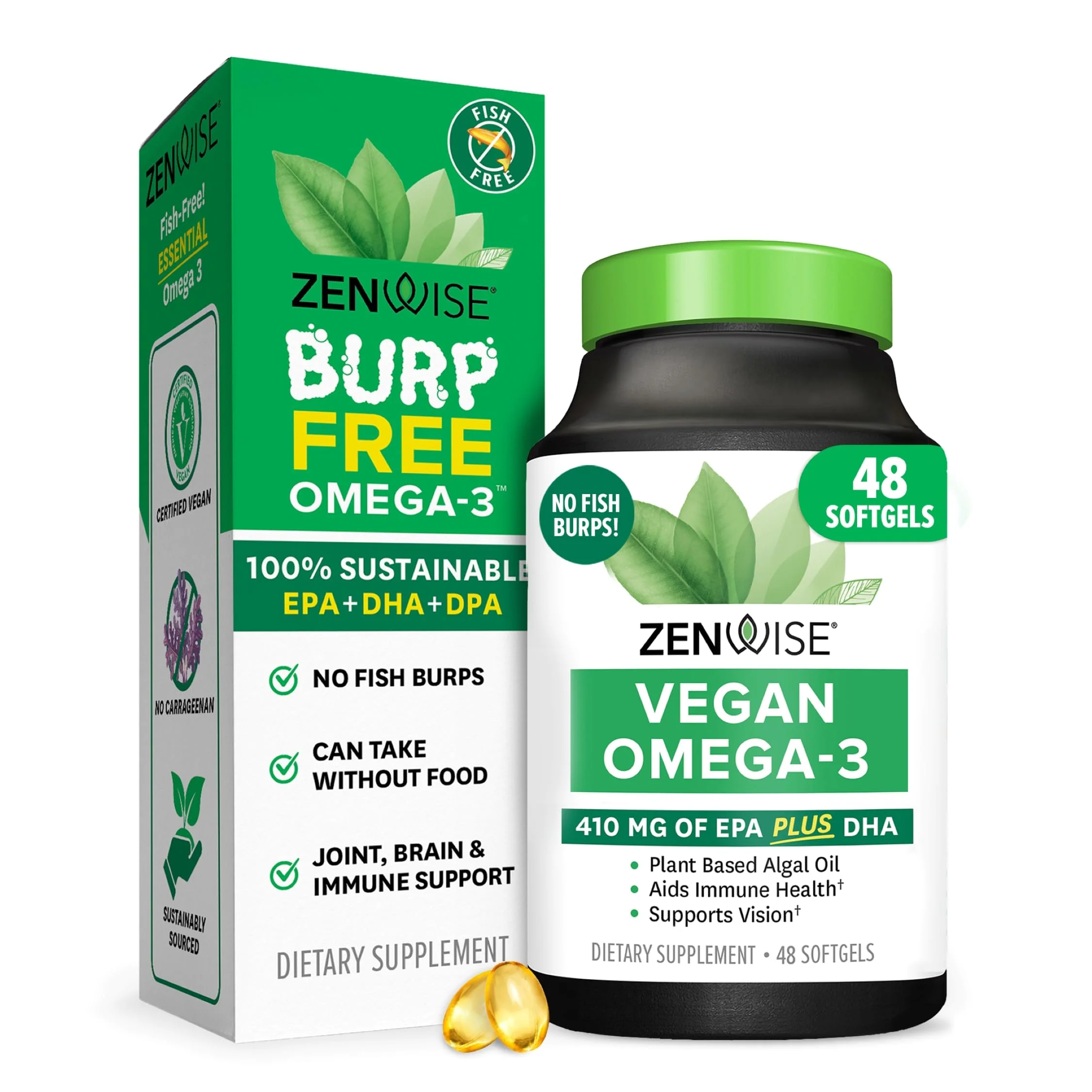 Zenwise Health Vegan Omega 3 Supplement - Burpless Omega 3 Supplement with DHA, EPA & DPA Fatty Acids for Immune Health - Fish Oil Alternative from Sustainably Sourced Marine Algae Oil - 48 Softgels