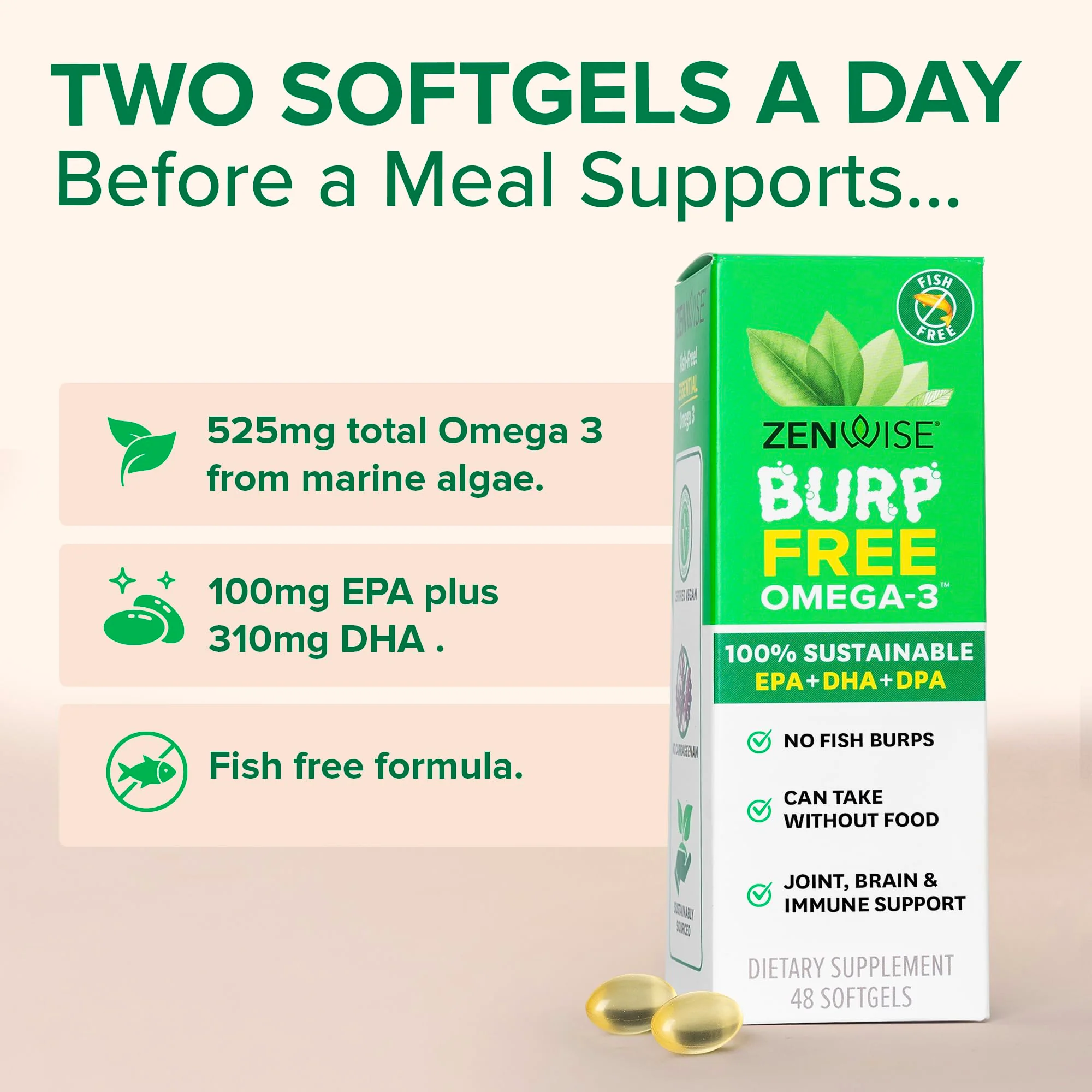 Zenwise Health Vegan Omega 3 Supplement - Burpless Omega 3 Supplement with DHA, EPA & DPA Fatty Acids for Immune Health - Fish Oil Alternative from Sustainably Sourced Marine Algae Oil - 48 Softgels - Image 6