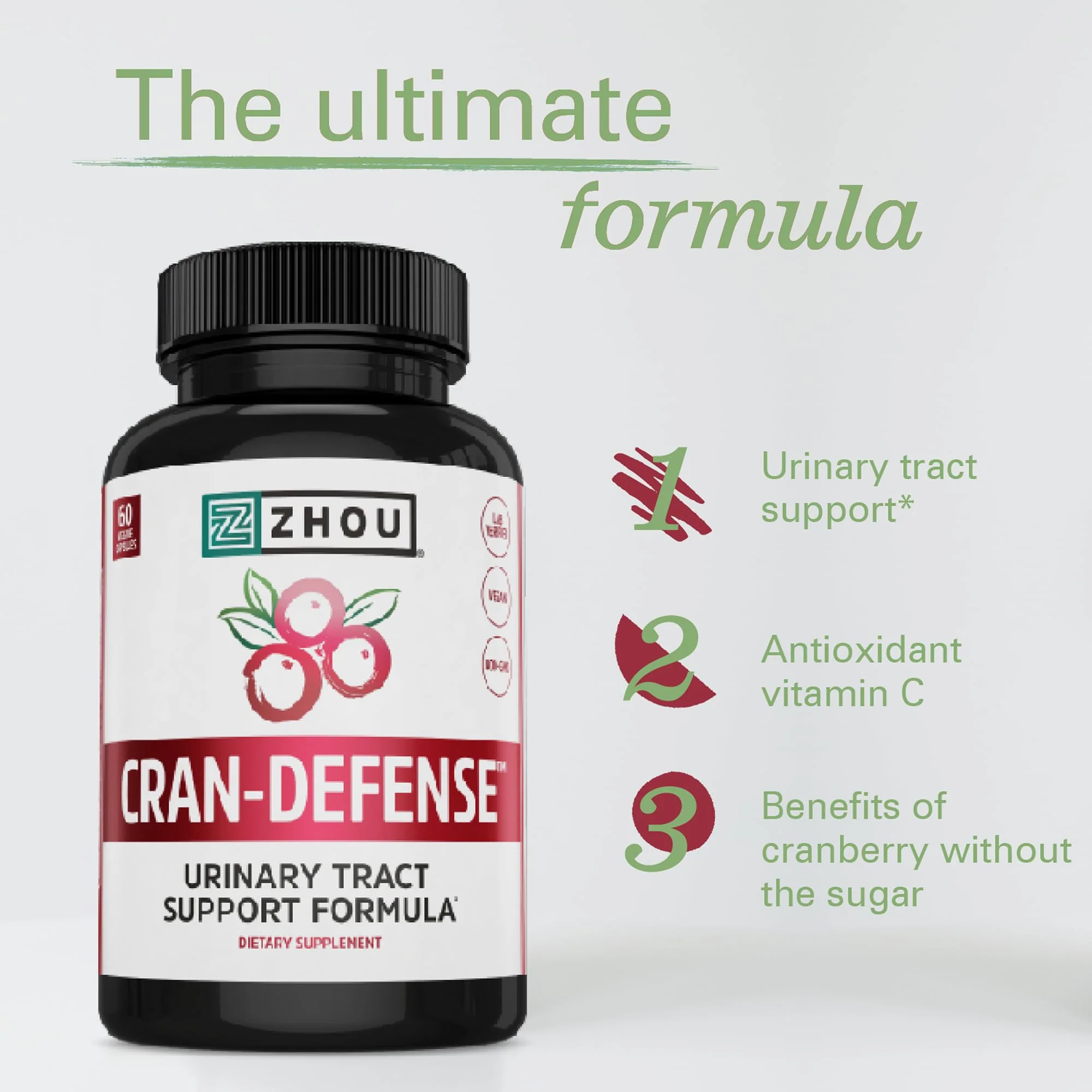 Zhou Cran-Defense - Cranberry Pills for Women & Men, D Mannose with Cranberry Extract, 1000 mg D-Mannose Per Serving for Urinary Tract Health, Antioxidant Support - 60 Veggie Capsules - Image 5